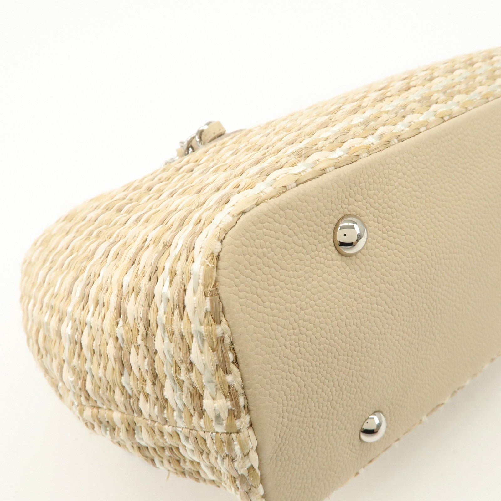 CHANEL Lether Raffia 2Way Bag Shoulder Bag Hand Bag Beige