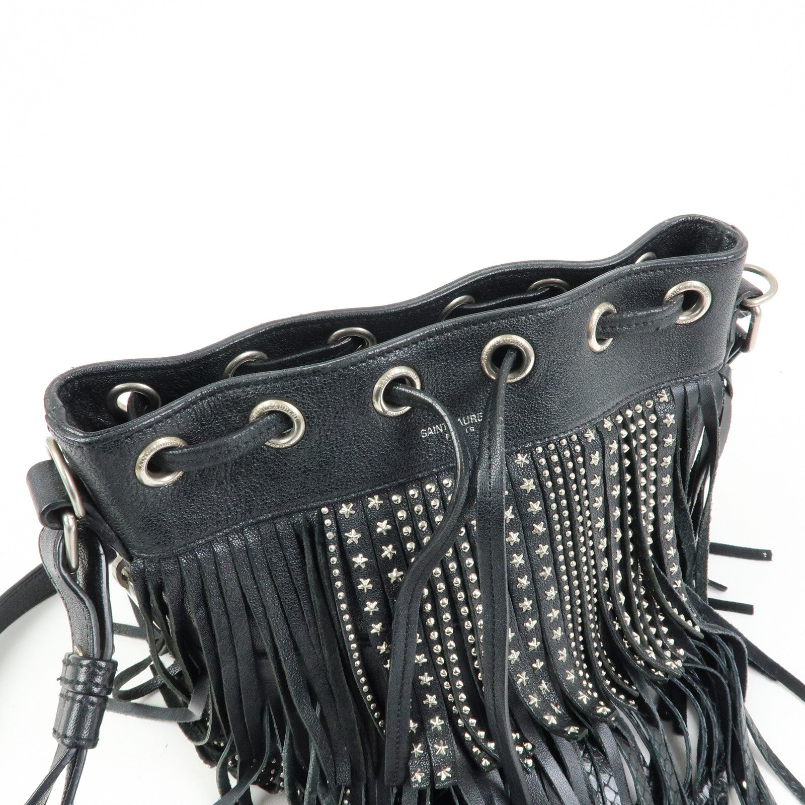 SAINT LAURENT PARIS Leather Fringe Shoulder Bag Black 357603