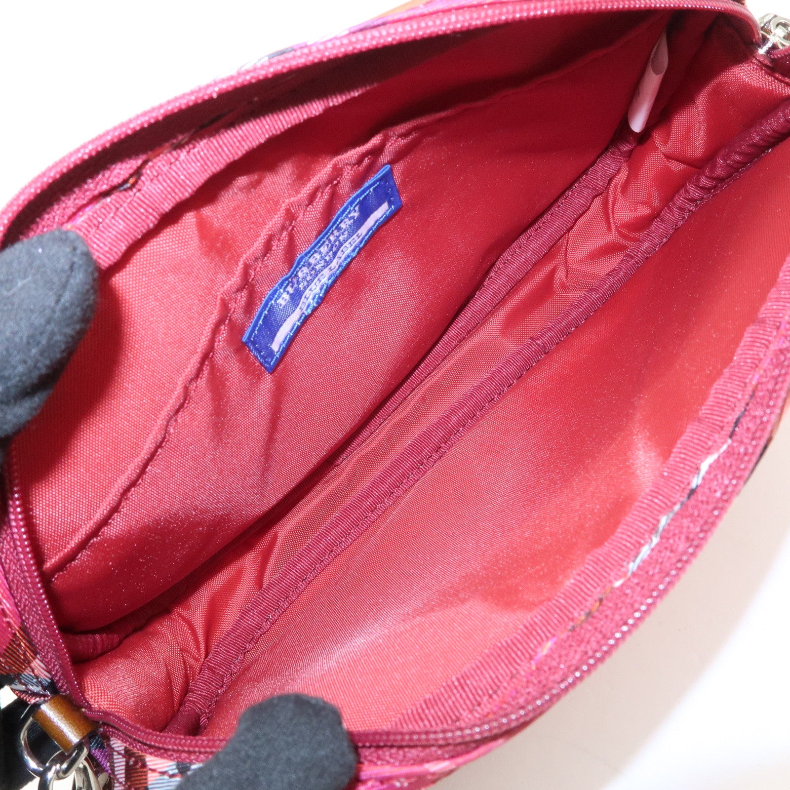 BURBERRY Cotton Leather Hand Bag Shoulder Bag Red Plaid Pattern