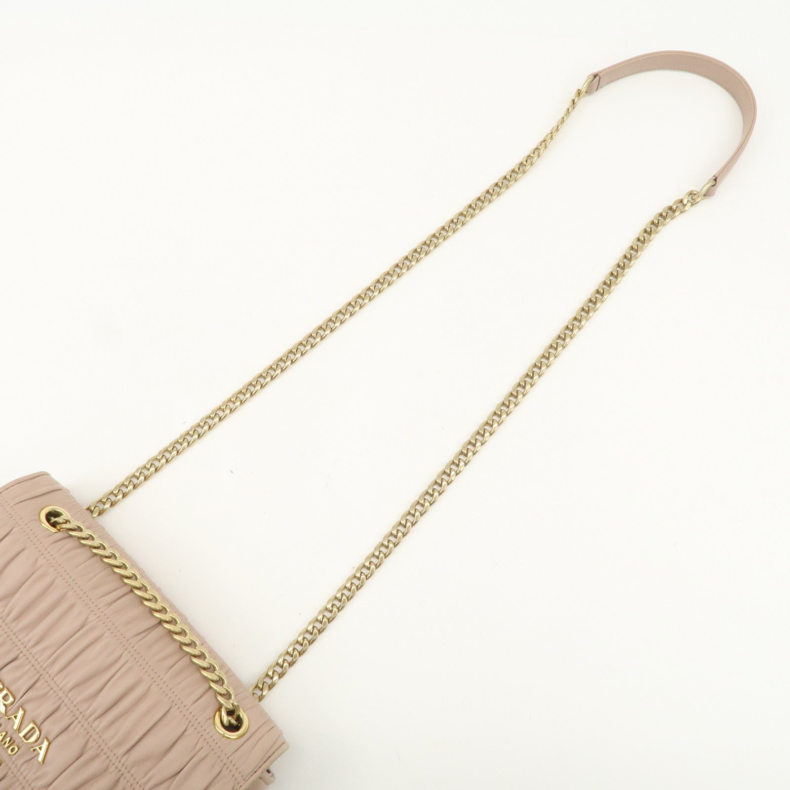 PRADA Logo Leather Gathered Chain Shoulder Bag Pink Beige 1BD147