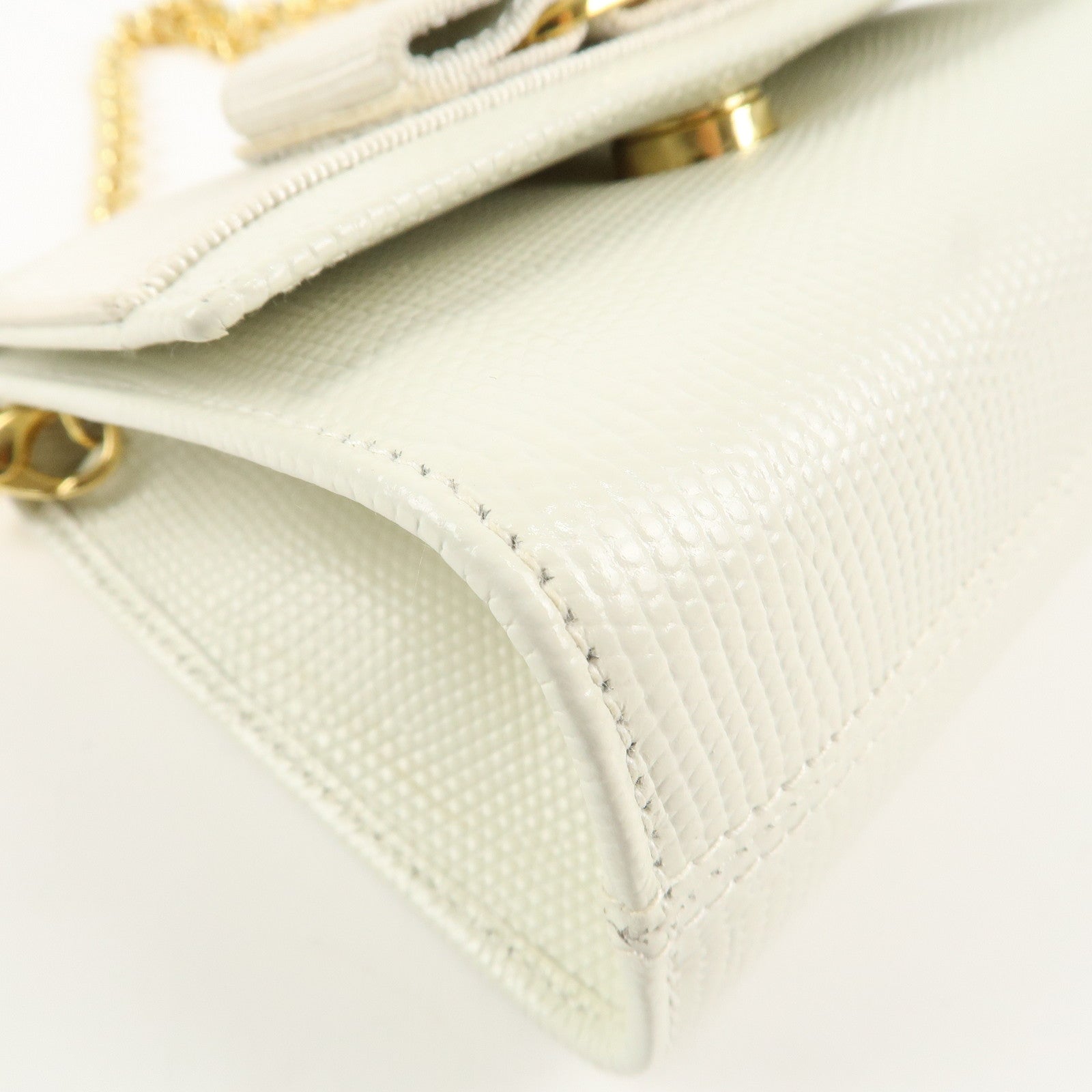 Ferragamo Vara Ribbon Leather Nylon Chain 2Way Shoulder Bag White Used