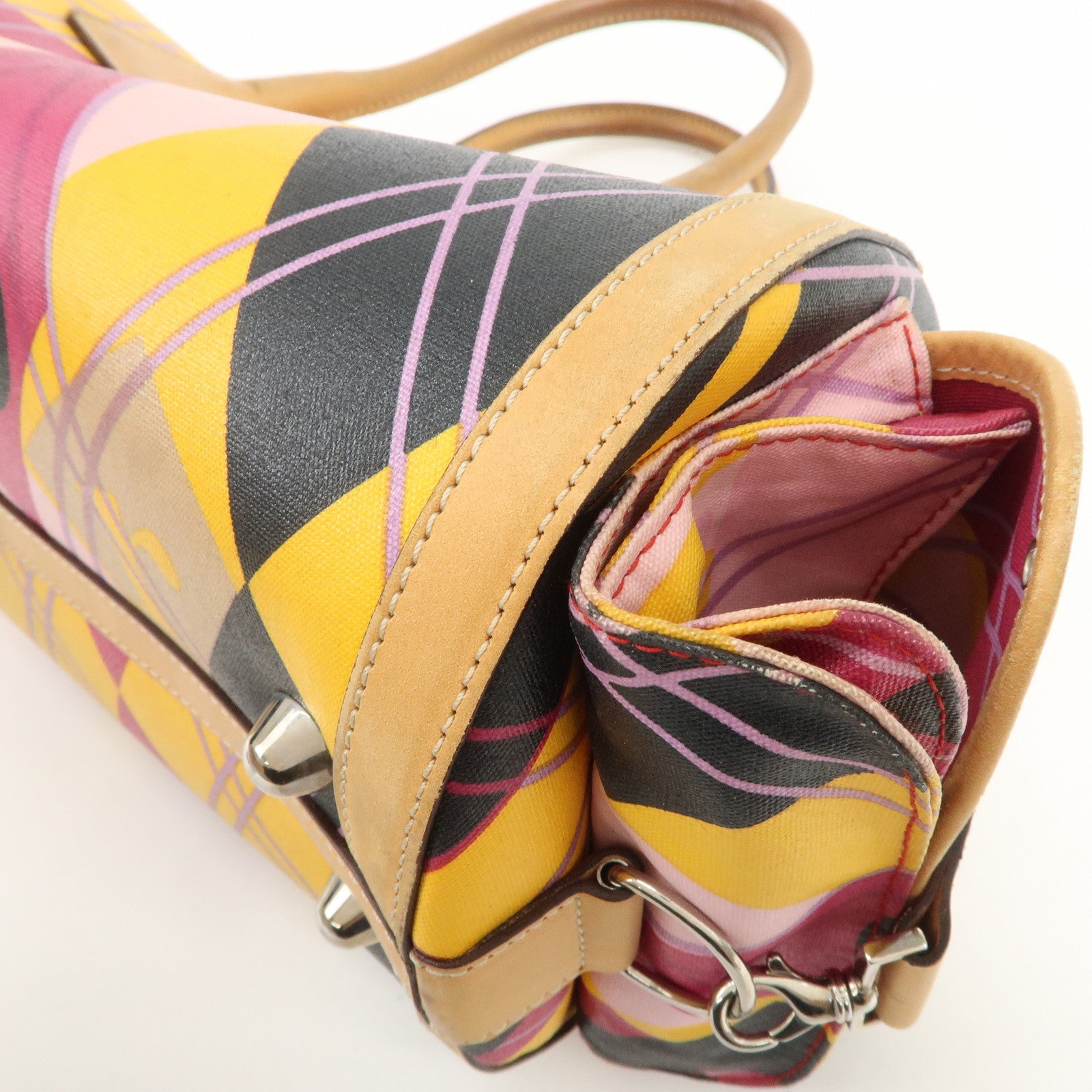Christian Dior PVC Leather 2Way Bag Boston Bag Yellow Pink Brown