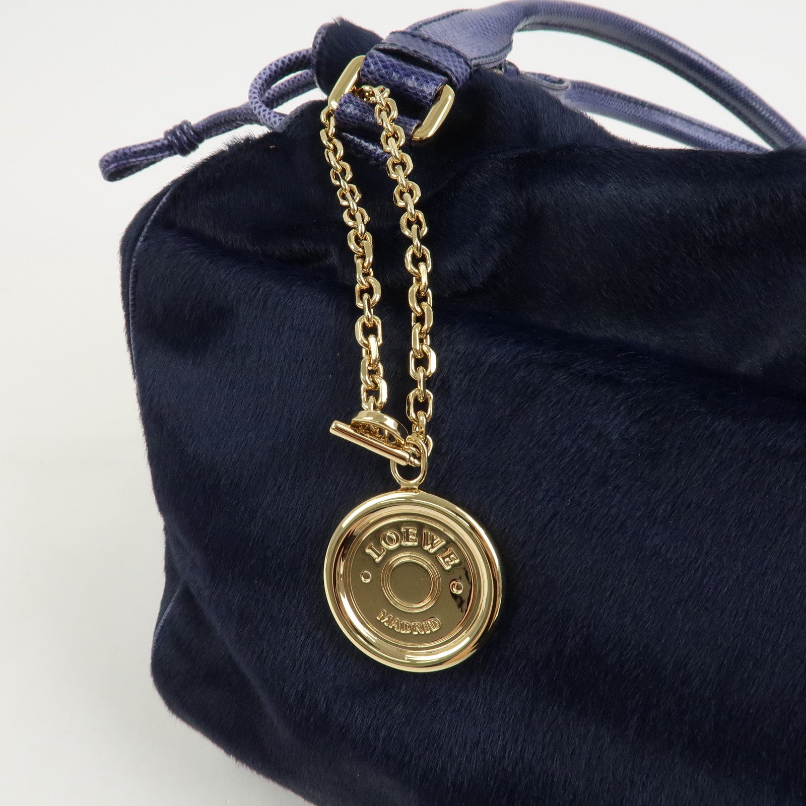 LOEWE Logo Unborn Calf Leather Hand Bag Charm Shoulder Bag Navy