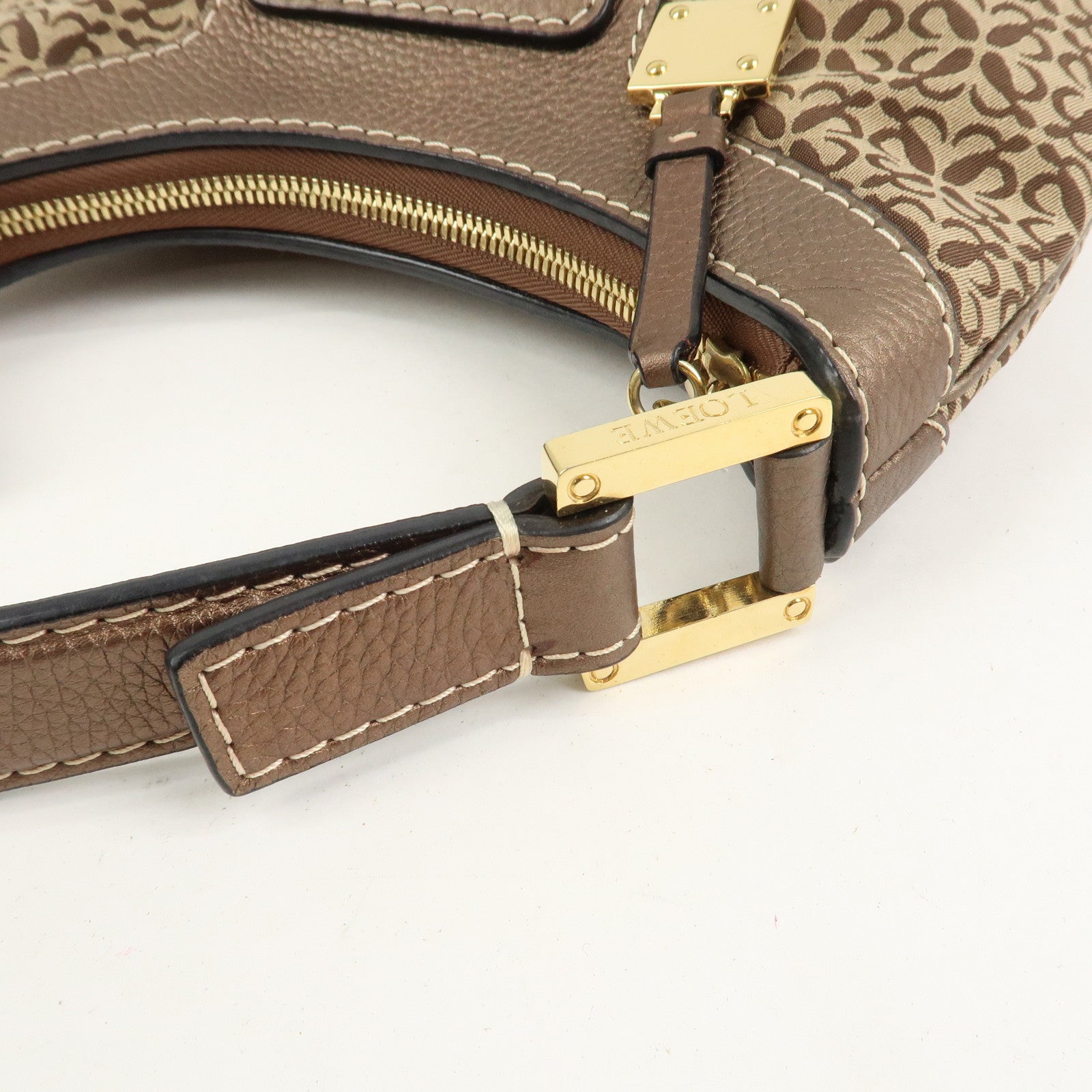 LOEWE New Road Line Logo Canvas Leather Shoulder Bag Brown Beige