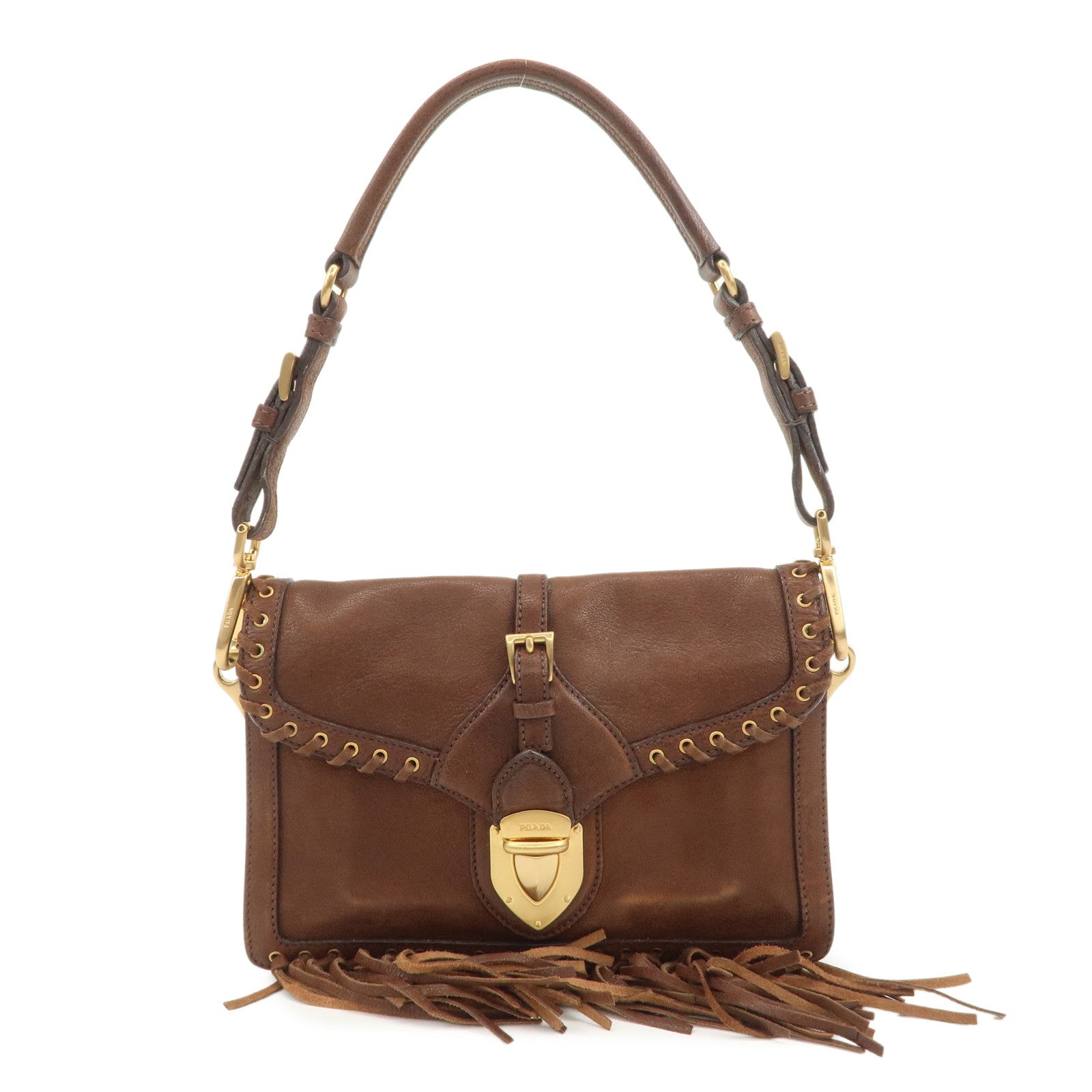 PRADA Fringe Leather 2Way Bag Shoulder Bag Clutch Bag Brown BR3165
