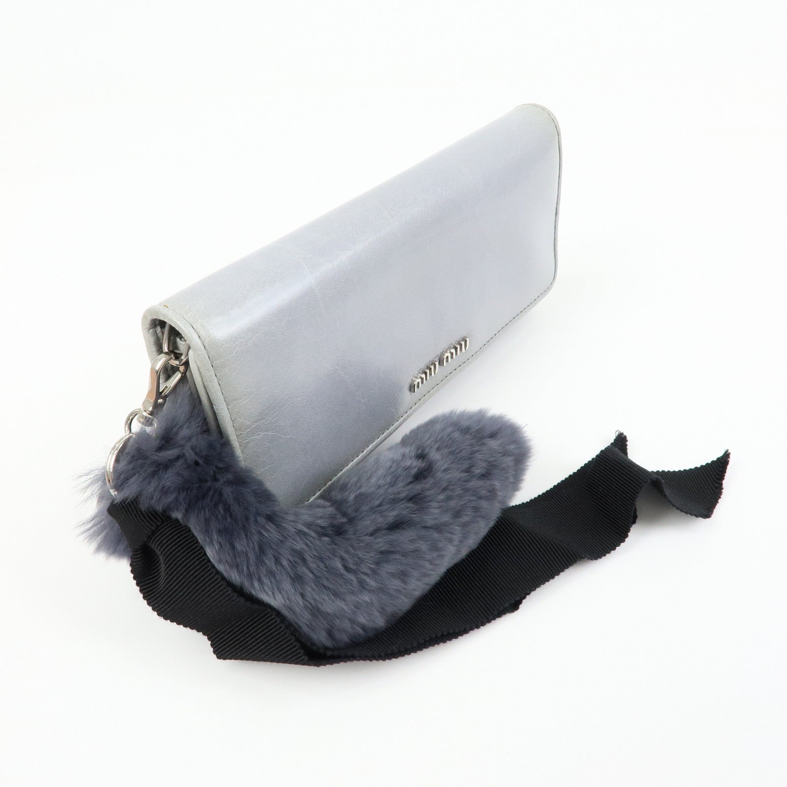 MIU MIU Vitello Shine Fur Flap Long Wallet Gray 5MH109