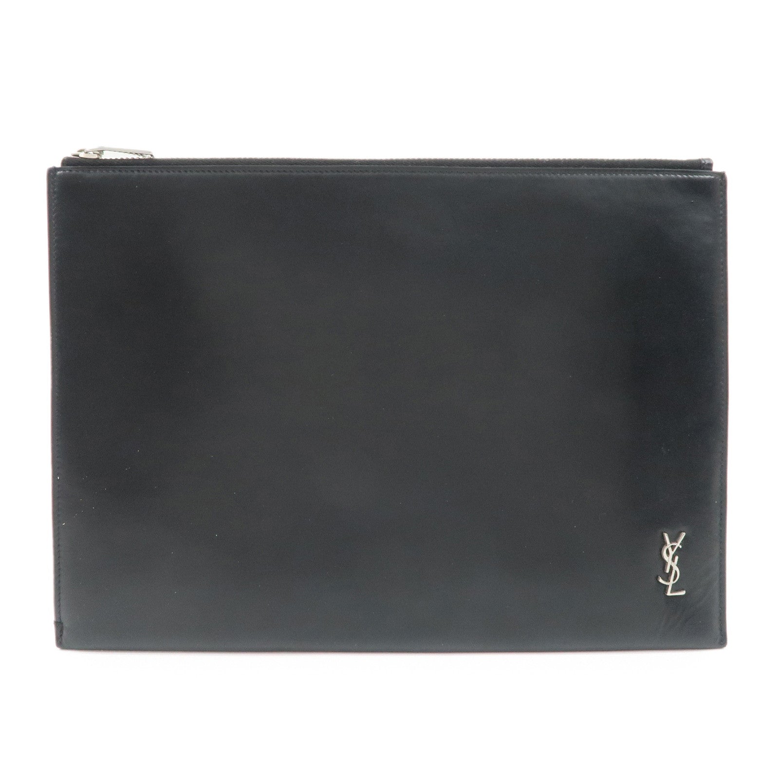 SAINT LAURENT Logo Leather Clutch Bag Black Silver HDW 607779