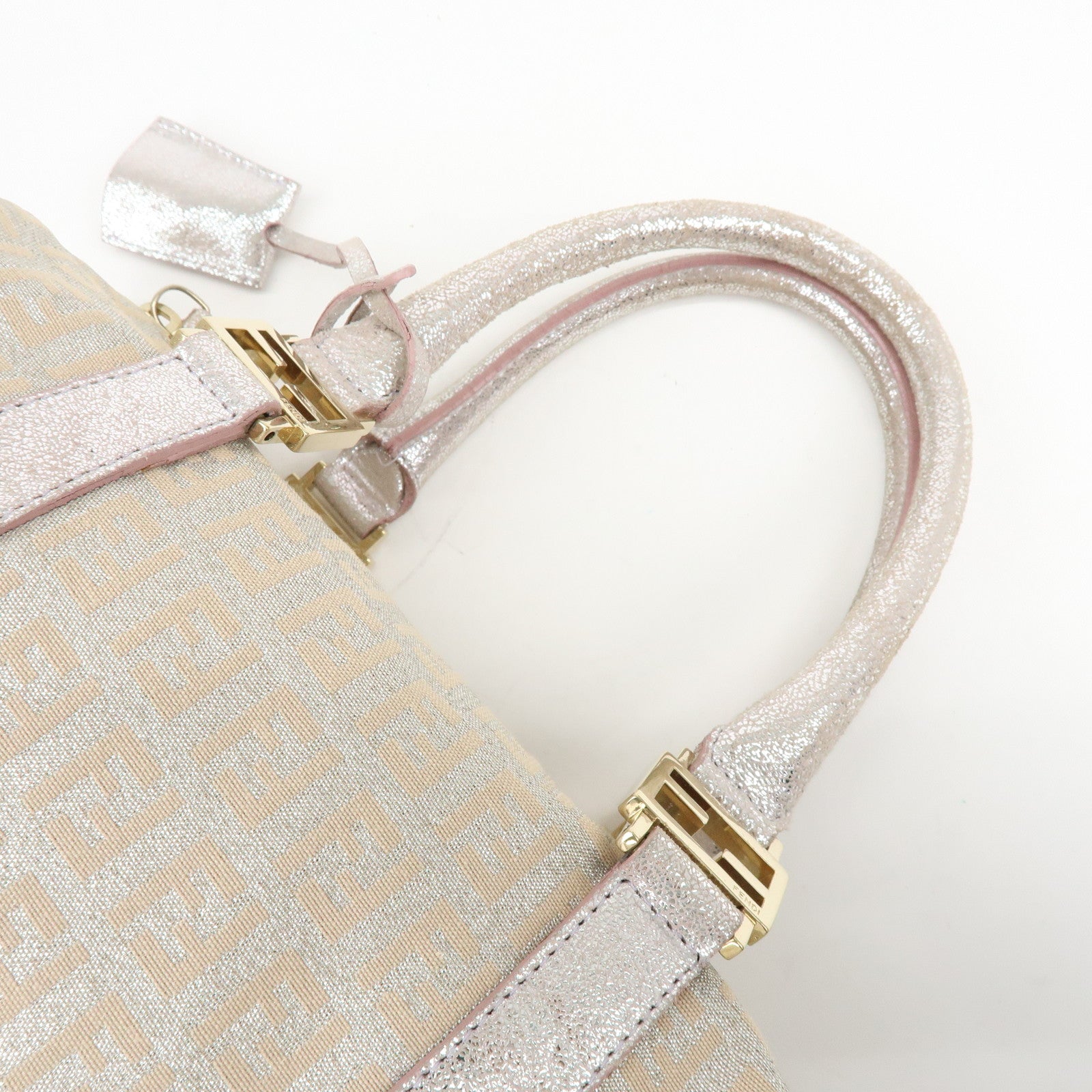 FENDI Zucchino Canvas Leather Mini Boston Bag Silver Beige 8BL068