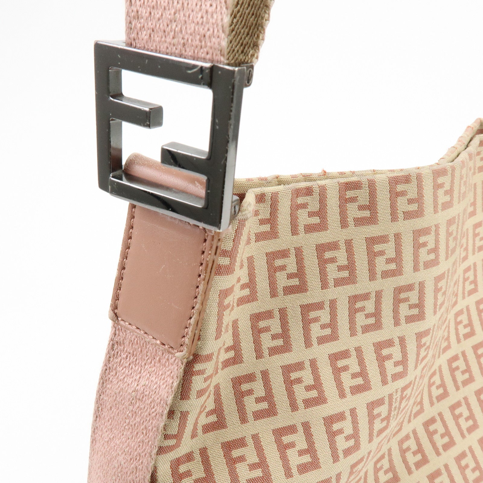 FENDI Zucchino Canvas Leather Shoulder Bag Beige Pink 8BR318