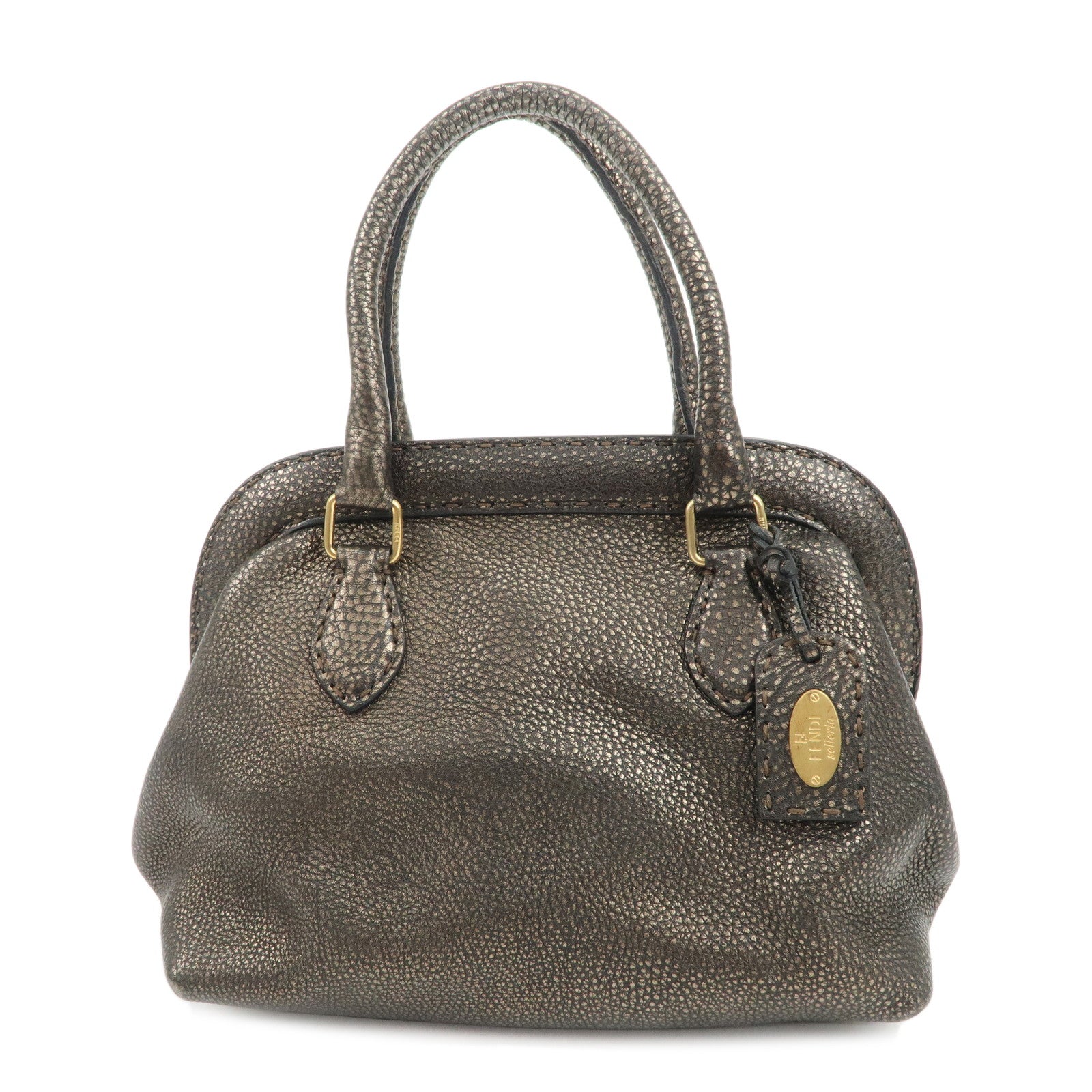 FENDI Selleria Leather Boston Bag Hand Bag Metallic Black 8BN127