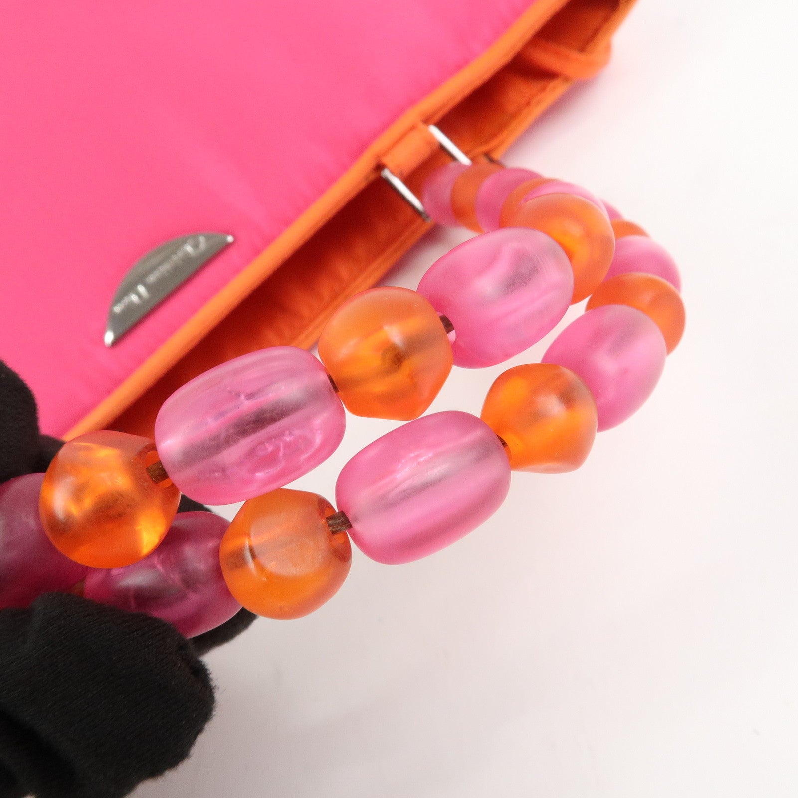 Christian Dior Malice Pearl Logo Nylon Hand Bag Pink Orange