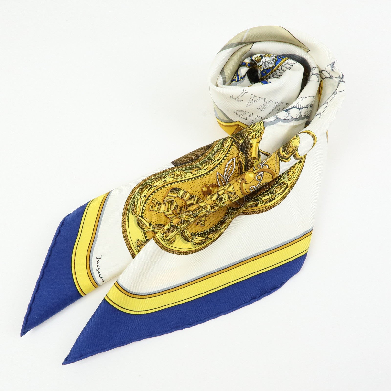 HERMES Carre 90 Silk 100% Scarf GRAND APPARAT White Yellow Navy