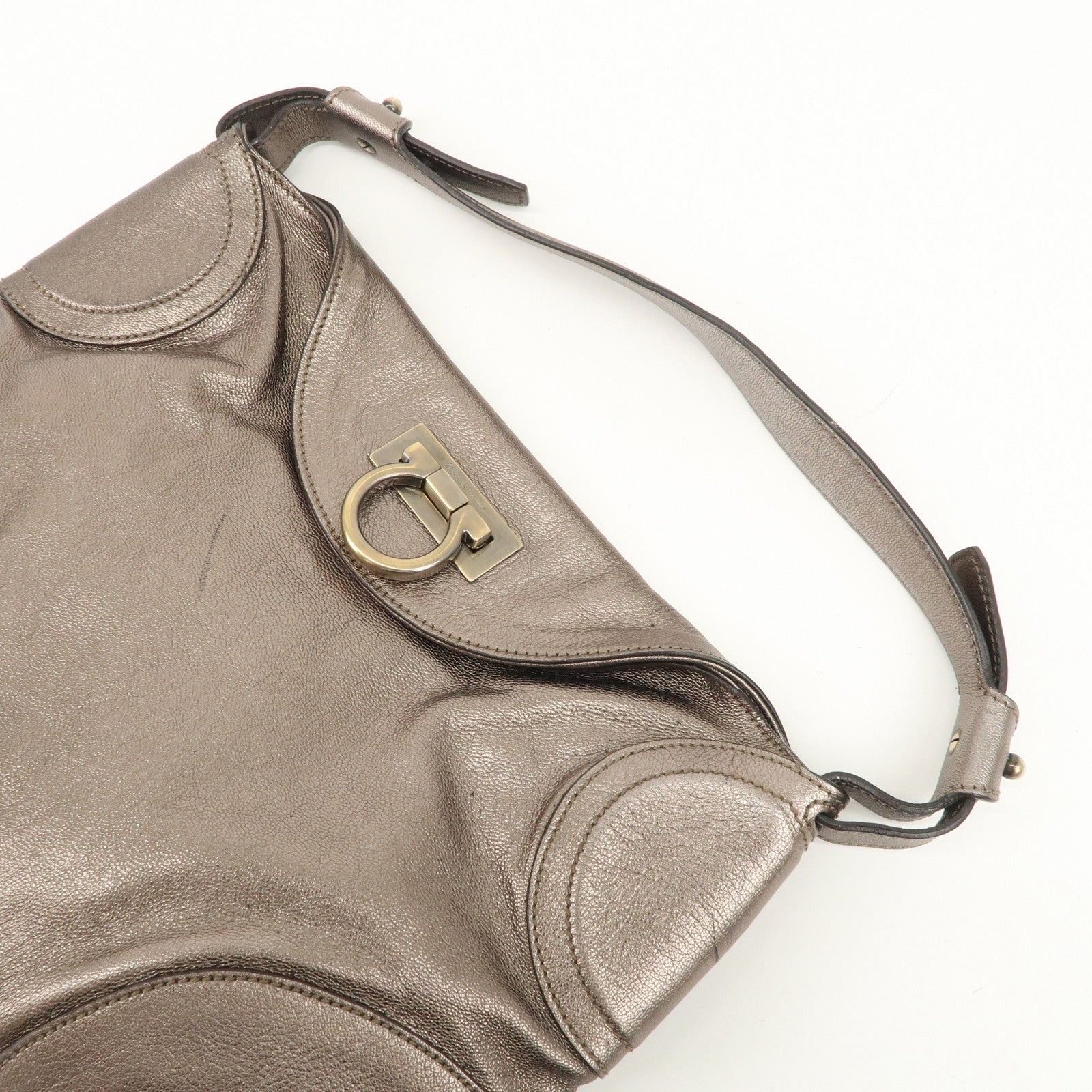 Ferragamo Gancini Leather Shoulder Bag Hand Bag Metallic Gray