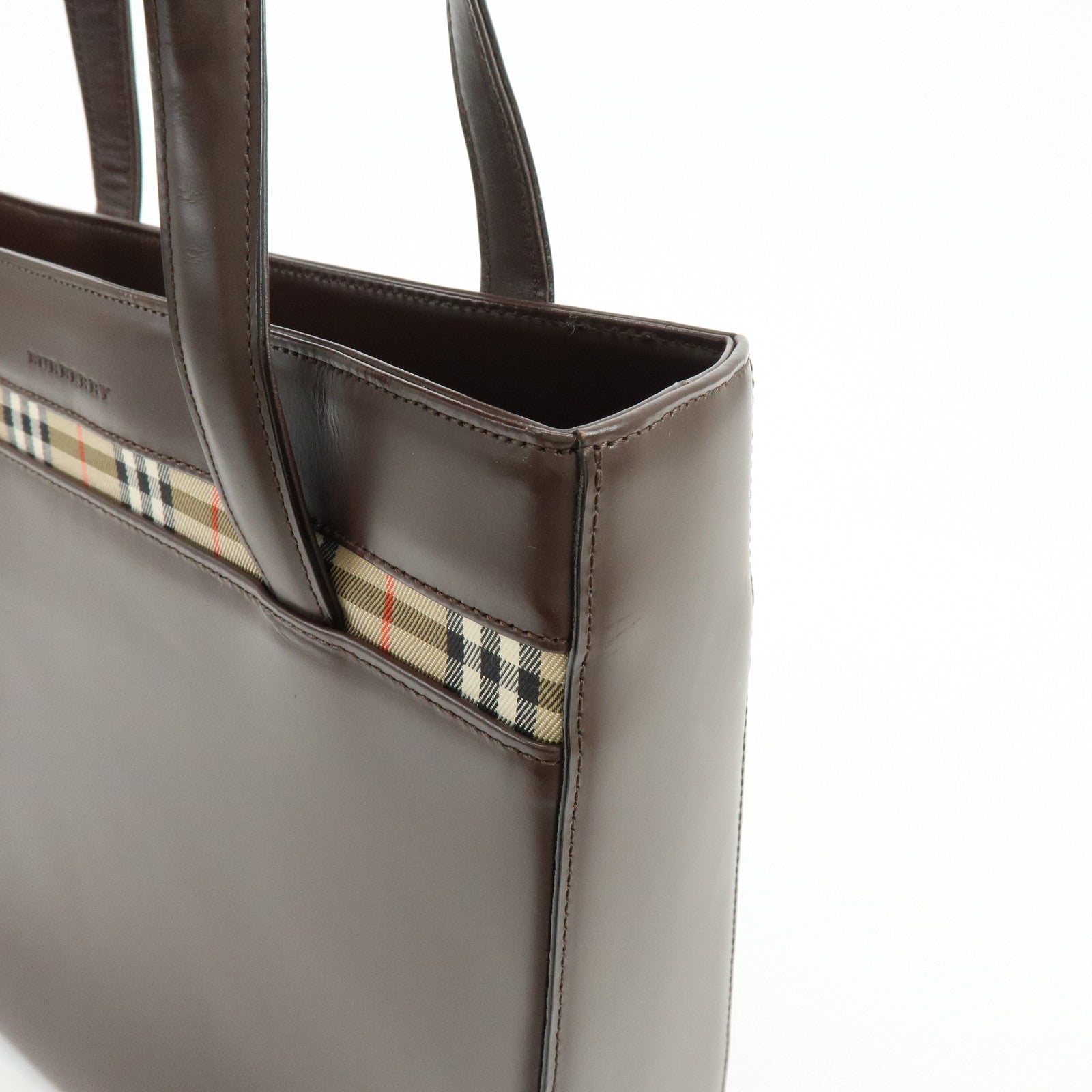 BURBERRY Nova Plaid Leather Hand Bag Tote Bag Brown