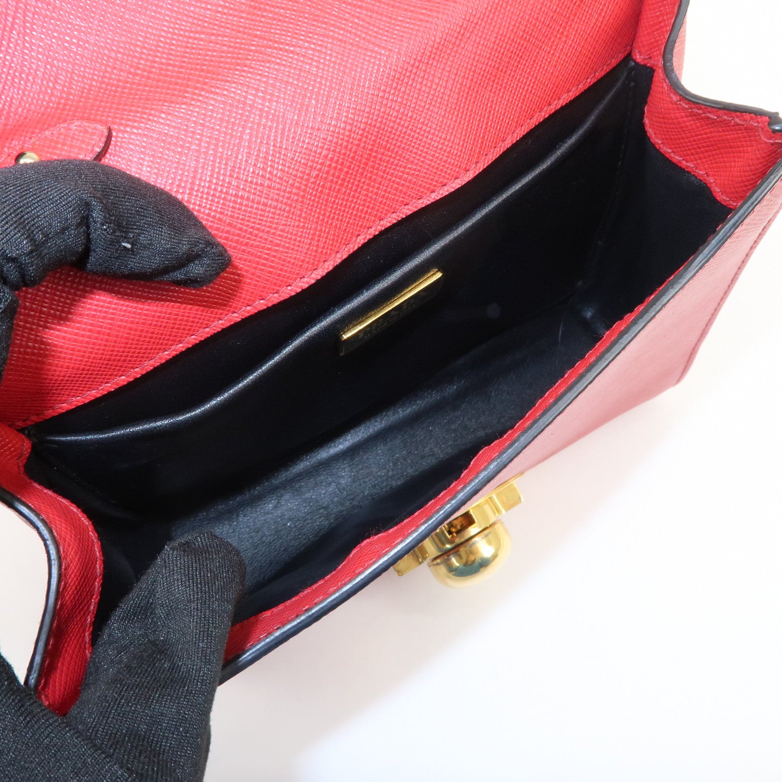 PRADA Logo Saffiano Leather Chain Shoulder Bag Red 1BH007