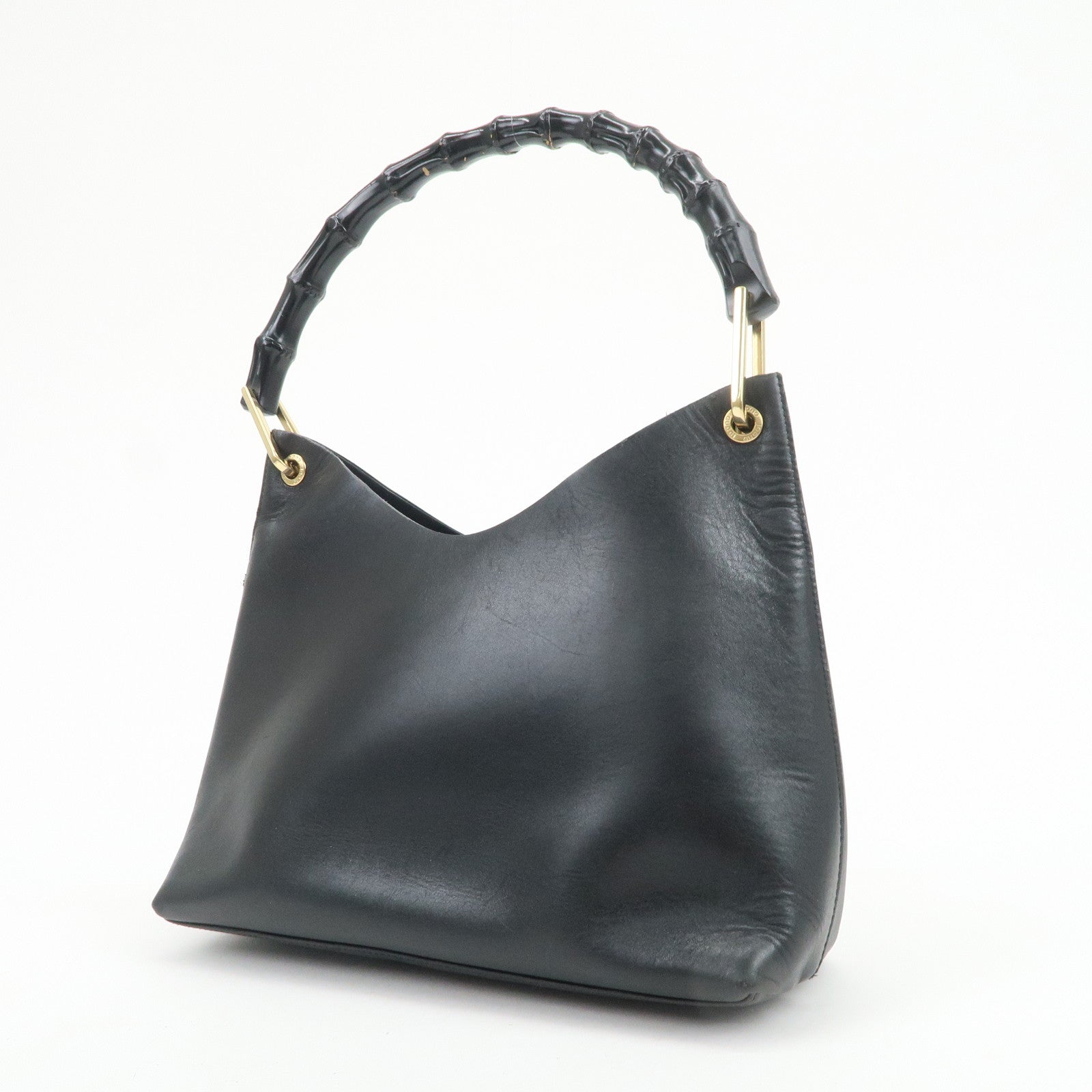 GUCCI Bamboo Leather Shoulder Bag Hand Bag Black Gold