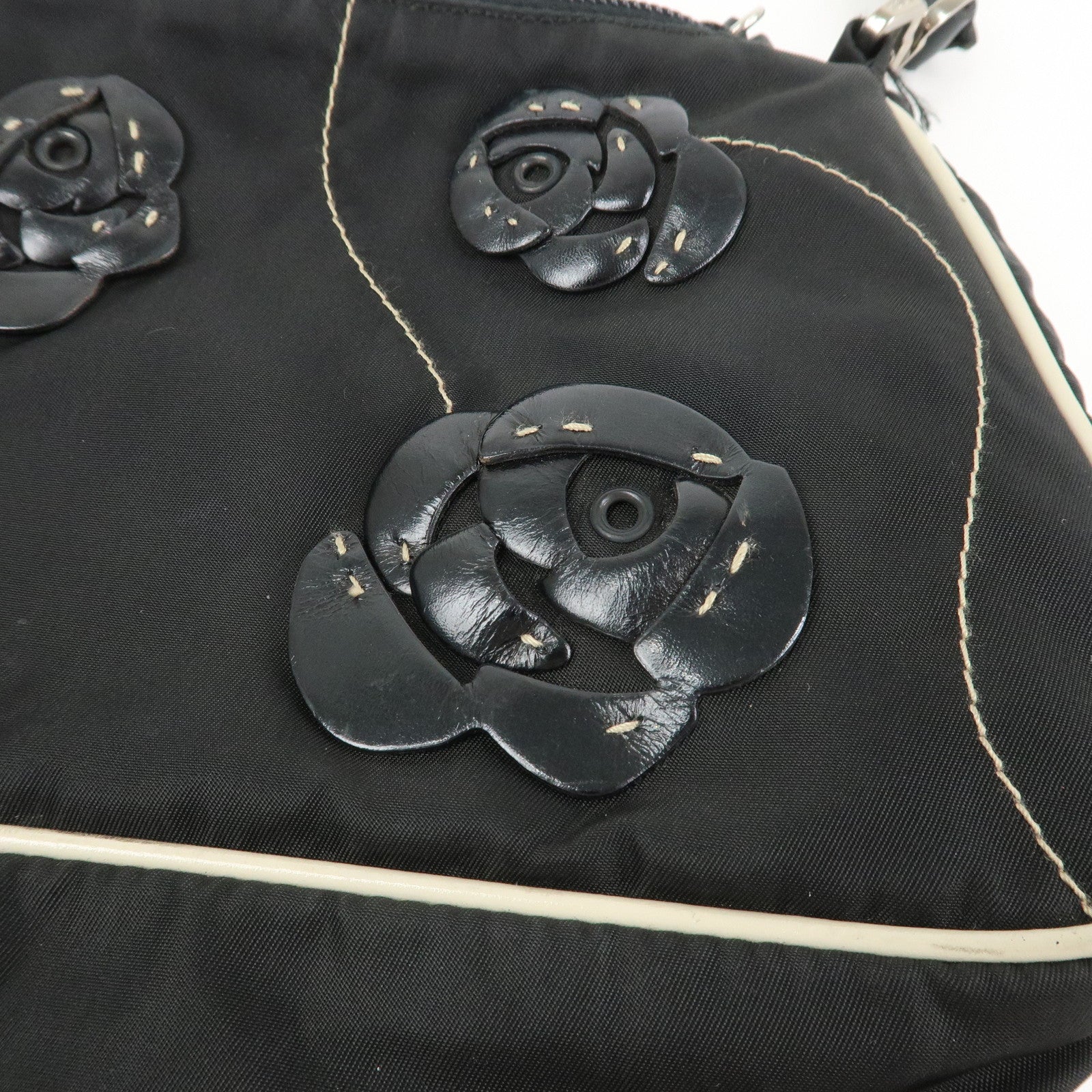 PRADA Nylon Leather Shoulder Bag Hand Bag Flower Motif Black