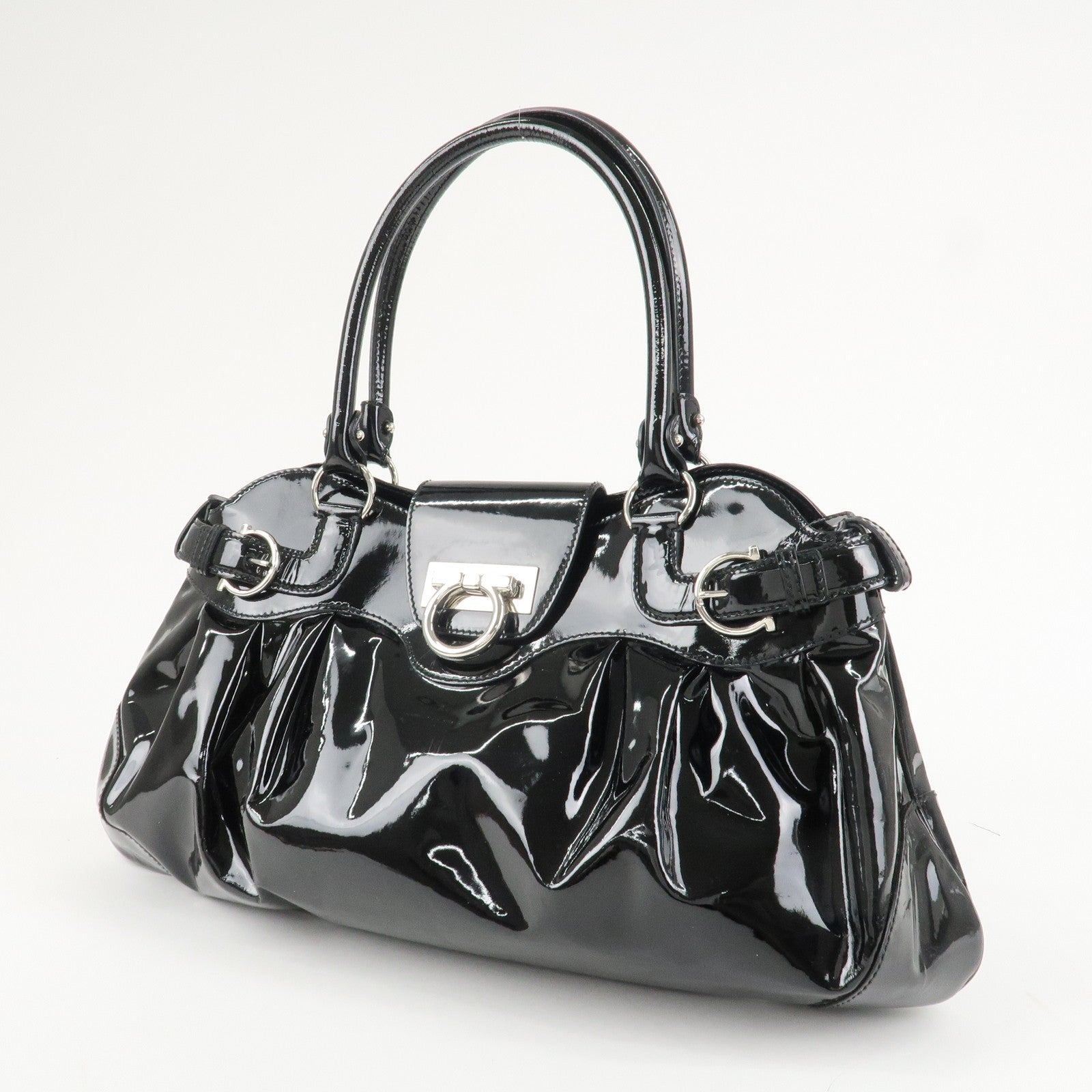 Ferragamo Gancini Patent Leather Shoulder Bag Black Silver HDW Used