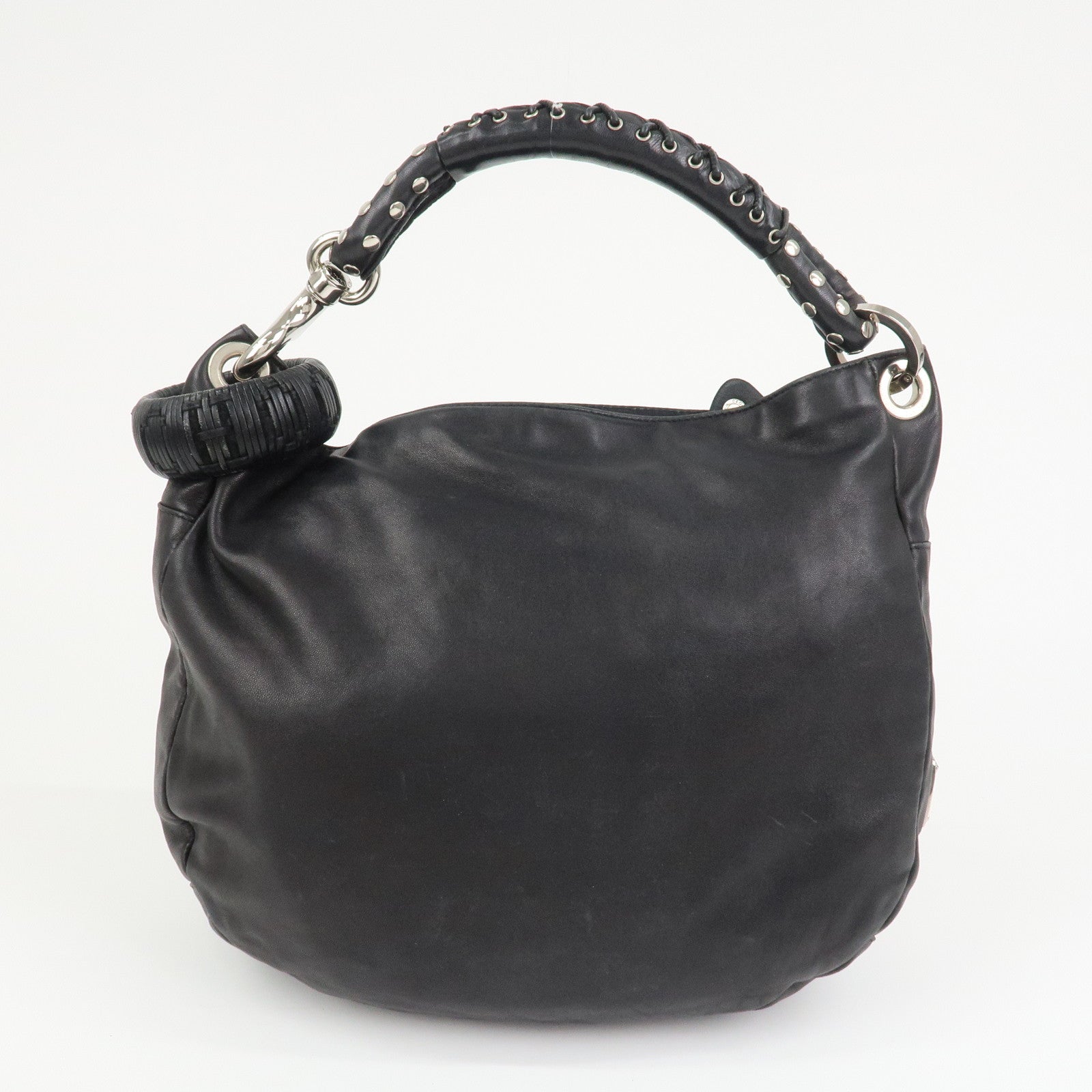 JIMMY CHOO Leather Studs Sky Bag Shoulder Bag Hand Bag Black Silver