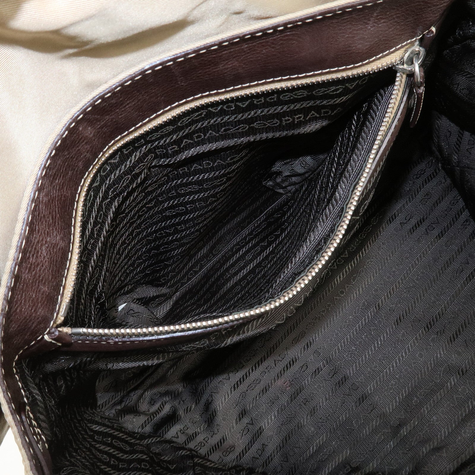 PRADA Triangle Logo Leather Nylon Shoulder Bag Brown BR2418