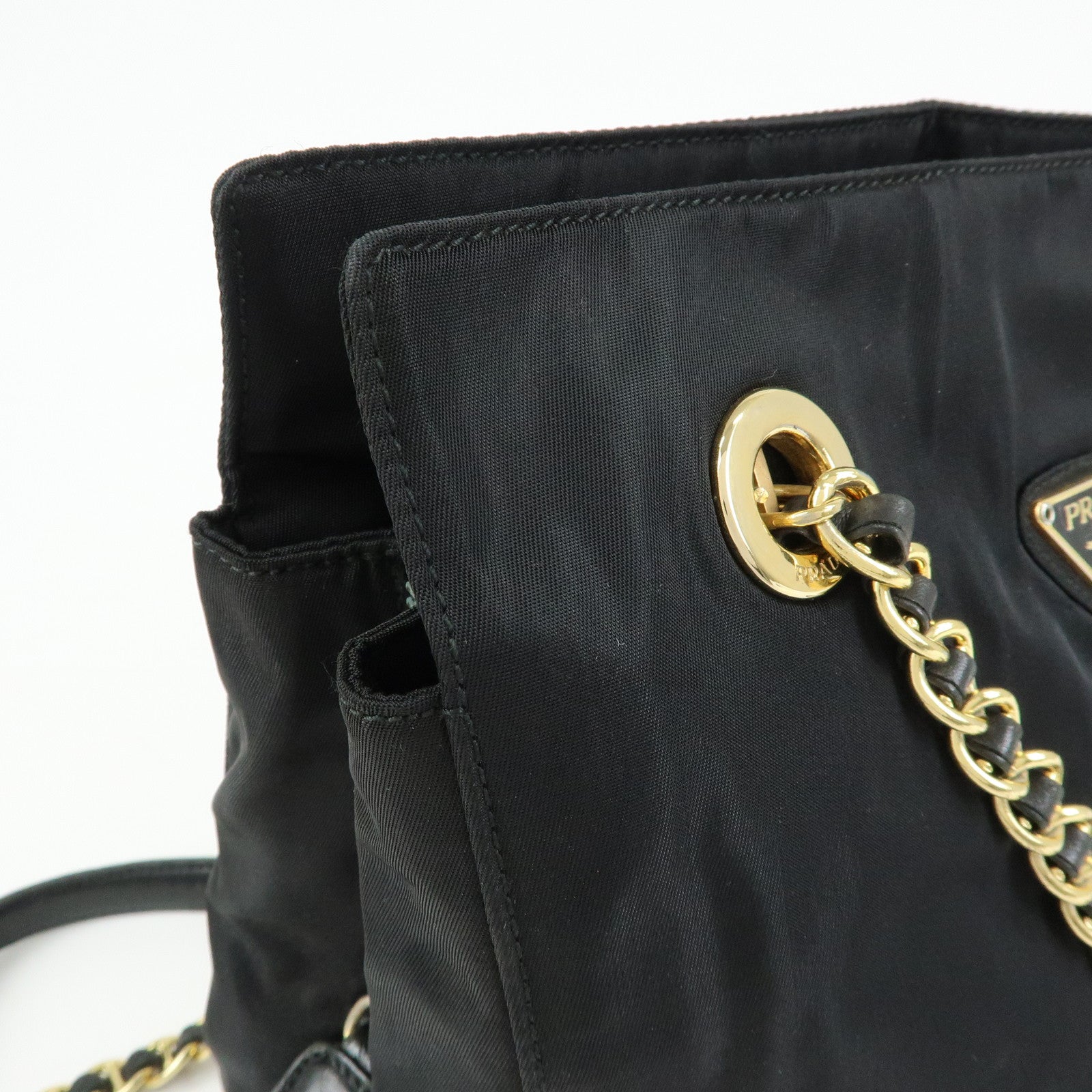 PRADA Triangle Logo Nylon Leather Chain Shoulder Bag Black B4394