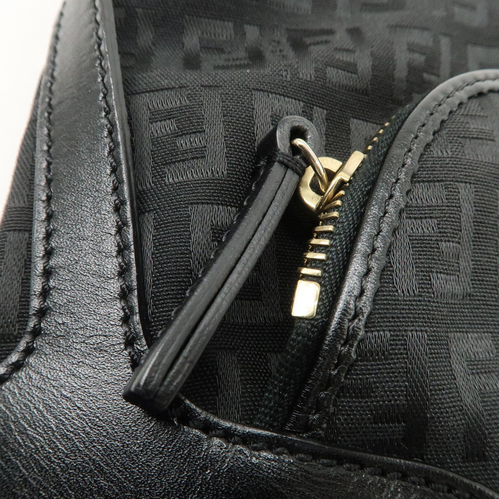 FENDI Zucchino Canvas Leather Logo Charm Shoulder Bag Black 8BR464
