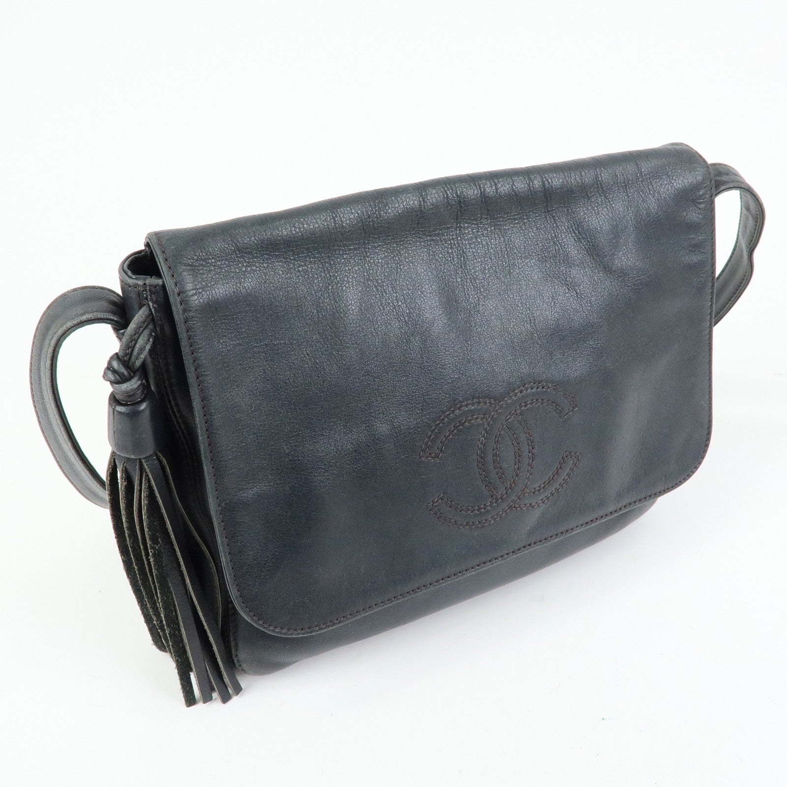 CHANEL Fringe COCO Mark Calf Leather Shoulder Crossbody Bag Black
