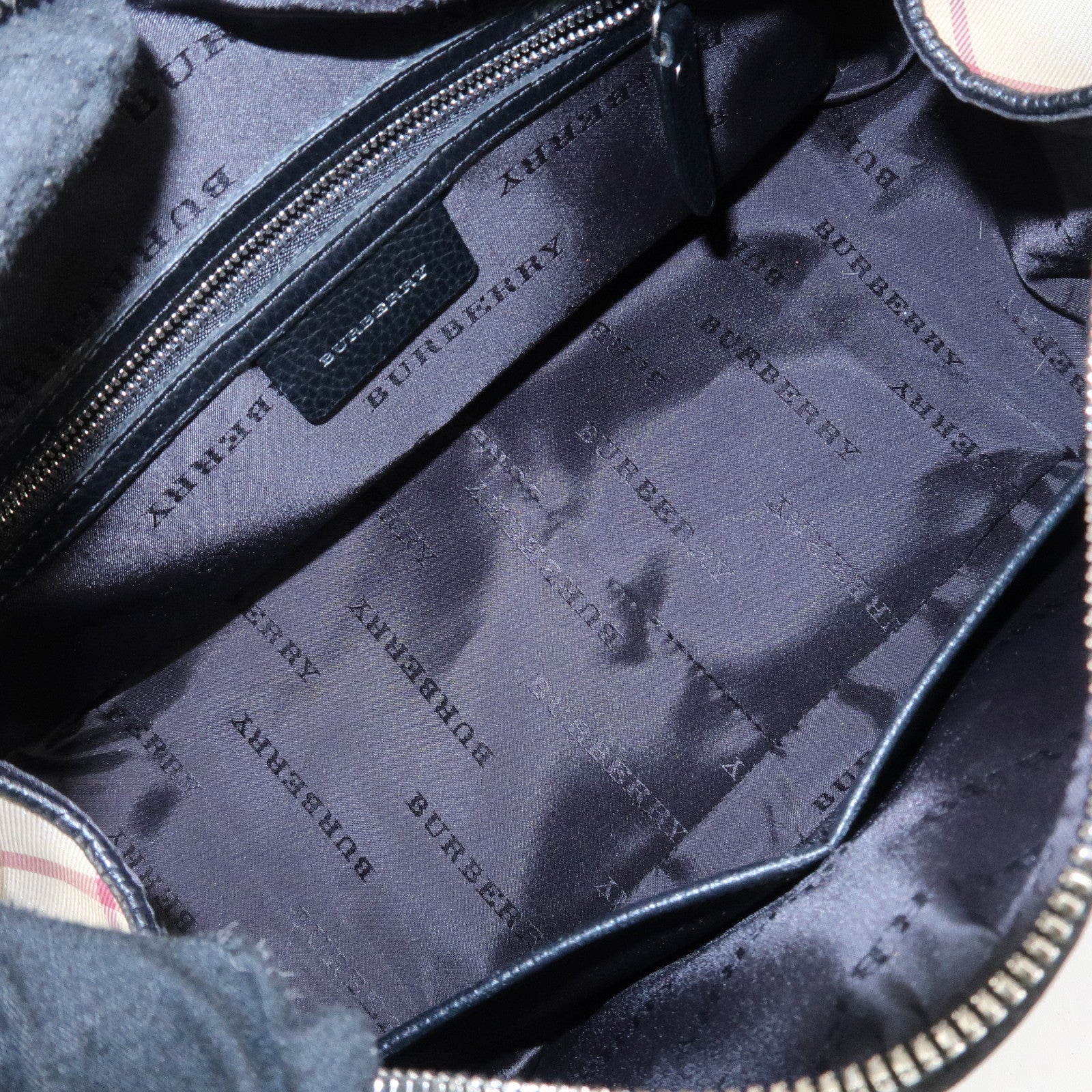 BURBERRY Canvas Leather Nova Plaid Boston Bag Black Beige Used