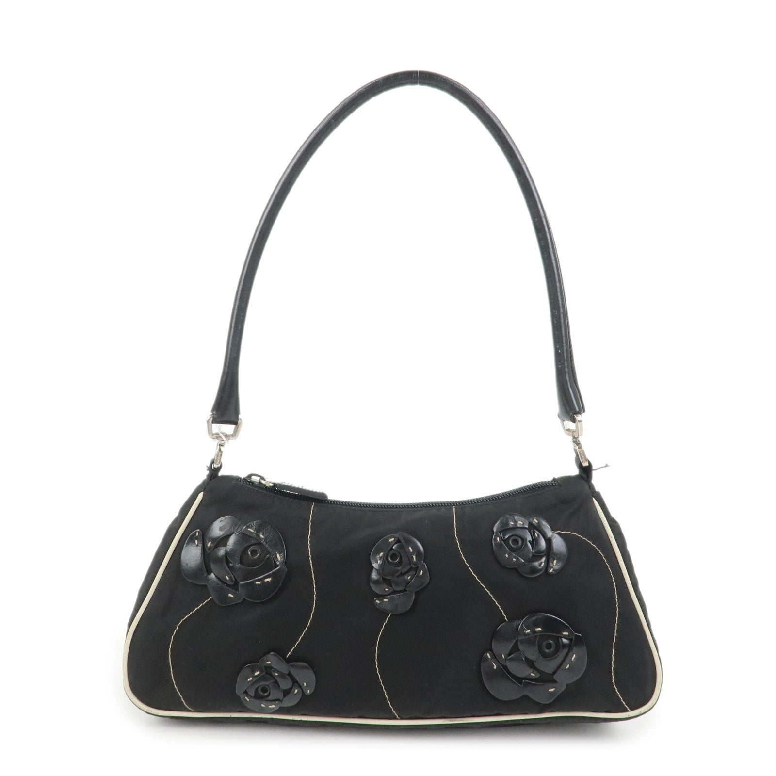 PRADA Nylon Leather Shoulder Bag Hand Bag Flower Motif Black