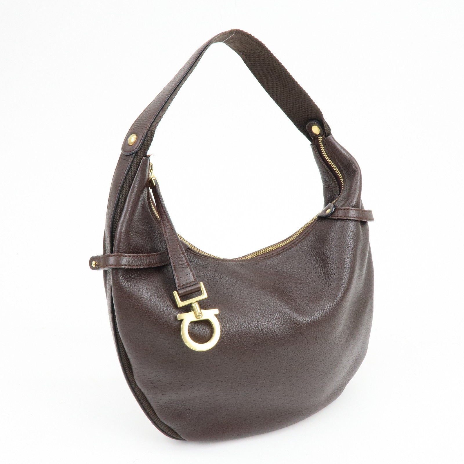 Ferragamo Gancini Leather Shoulder Bag Hand Bag Brown