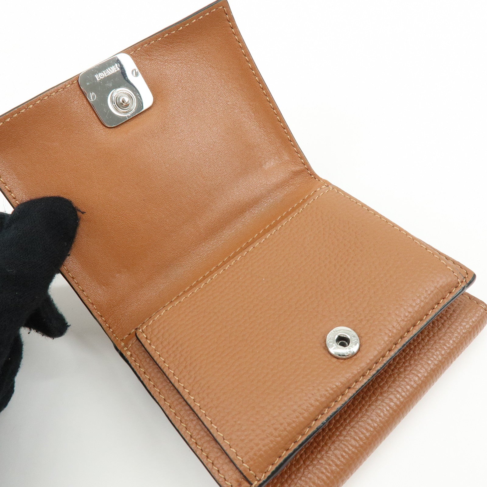 LOEWE Anagram Pebble Grained Calf Compact Tri-fold Wallet Camel