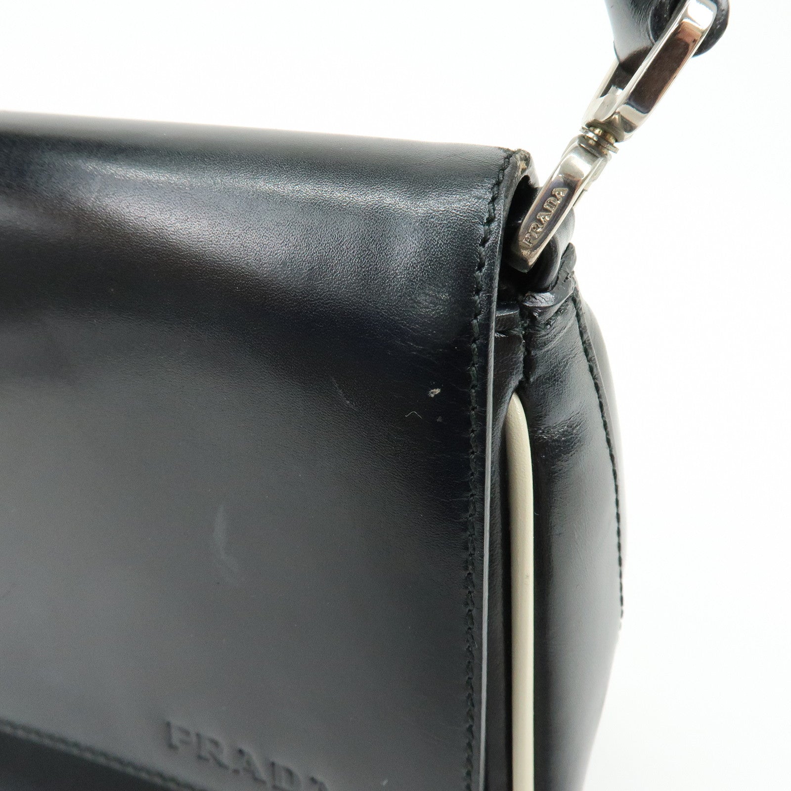 PRADA Logo Leather Shoulder Bag Hand Bag Black White
