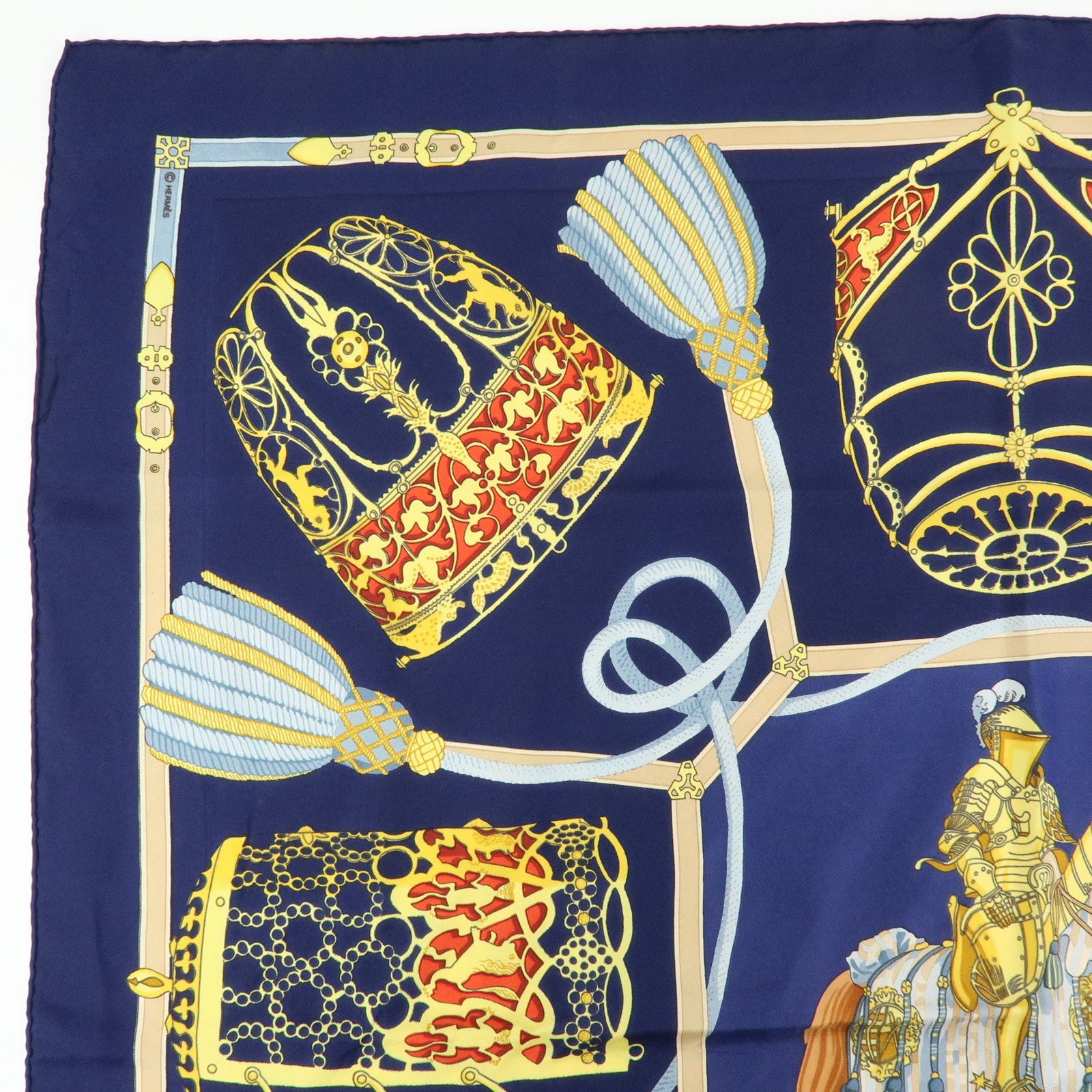 HERMES Carre 90 Silk 100% Scarf LES MUSEROLLES Navy Yellow