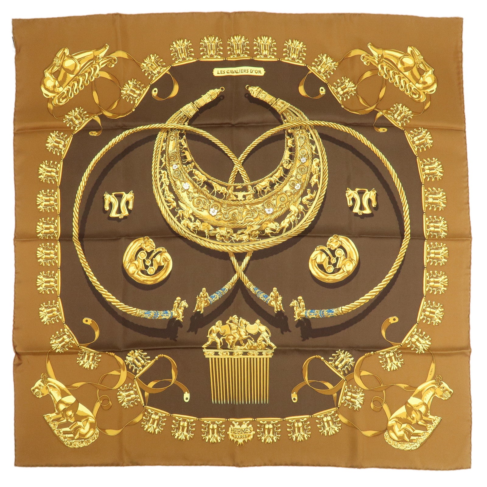 HERMES Carre 90 Silk 100% Scarf LES CAVALIERS D'OR Brown Gold
