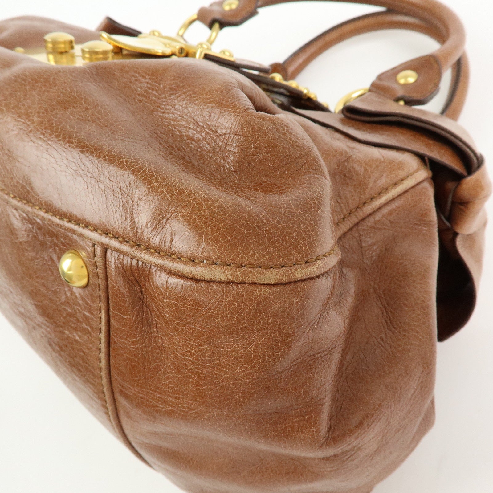 MIU MIU Leather 2Way Bag Hand Bag Shoulder Bag Side Ribbon Brown