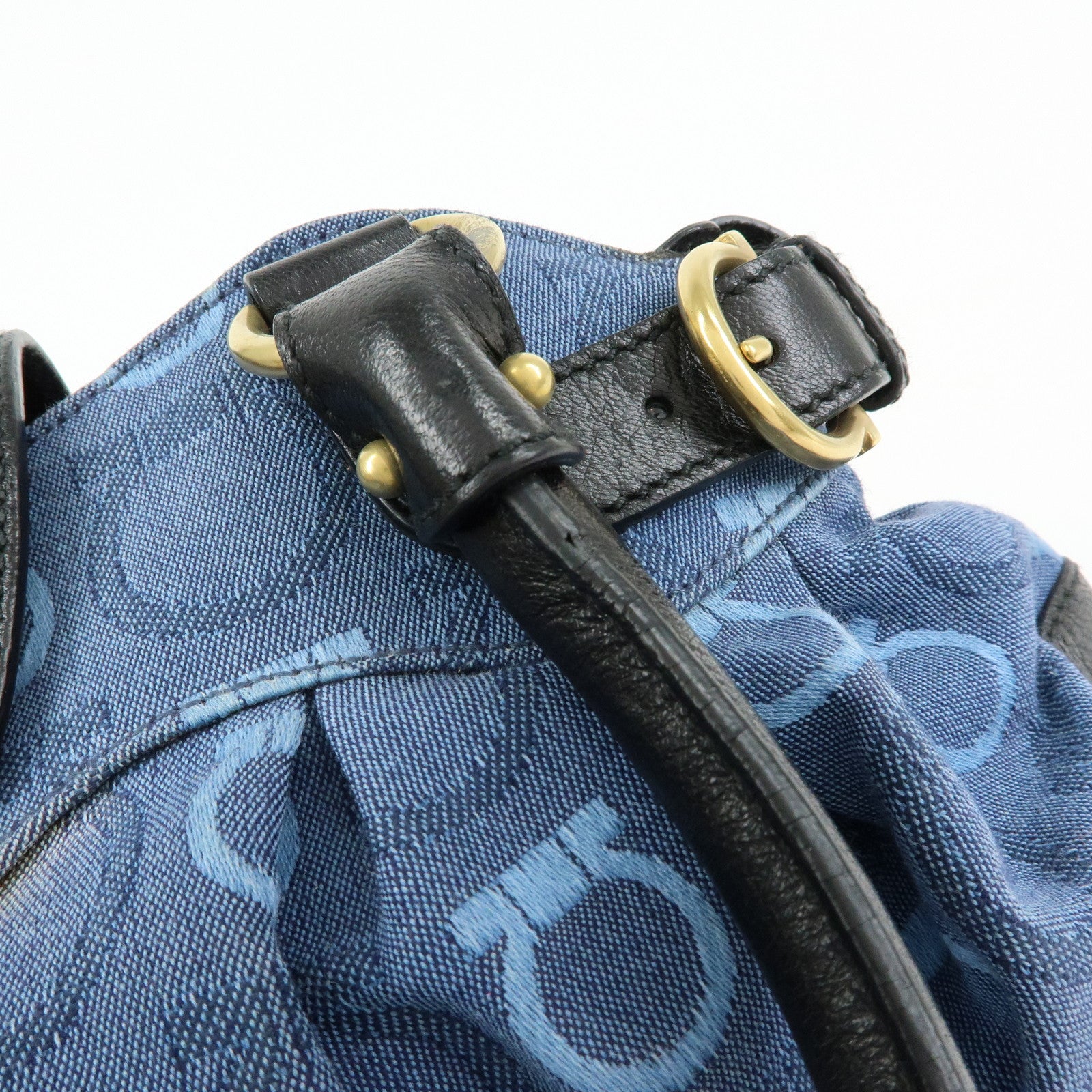 Ferragamo Gancini Canvas Leather Hand Bag Shoulder Bag Blue Black