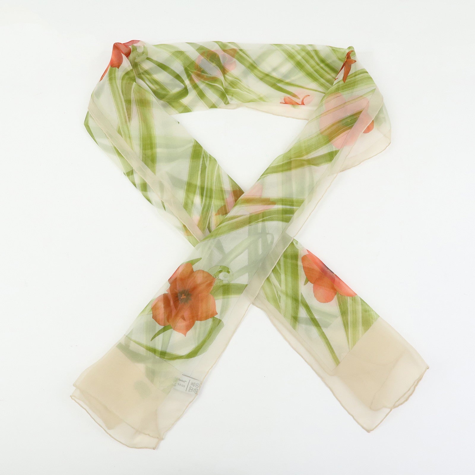 Ferragamo Silk 100% Scarf Flower Motif Ocha-Ken Beige Green Red