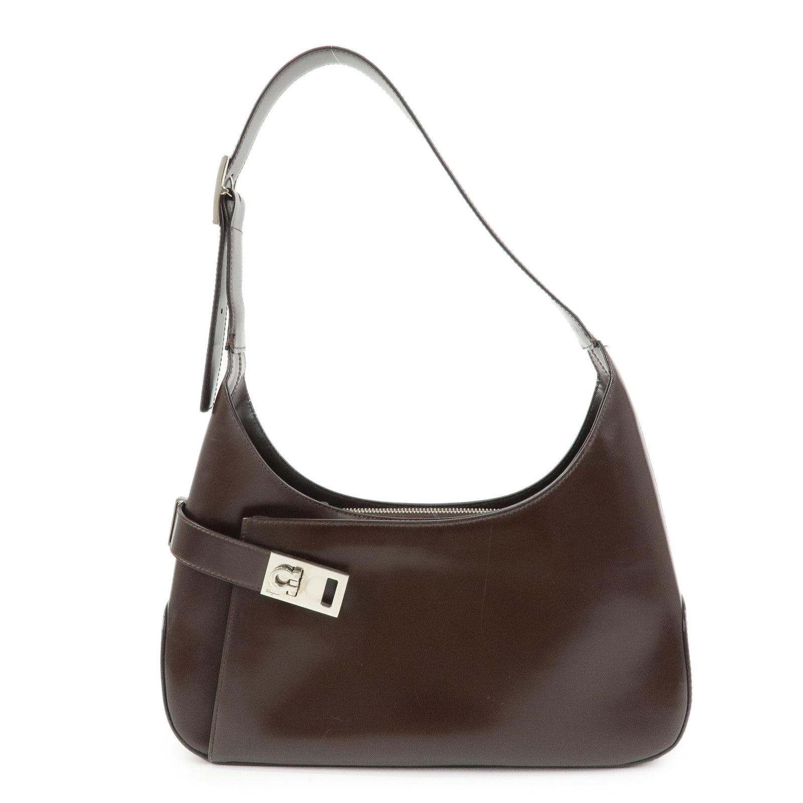 Ferragamo Gancini Leather Shoulder Bag Hand Bag Dark Brown