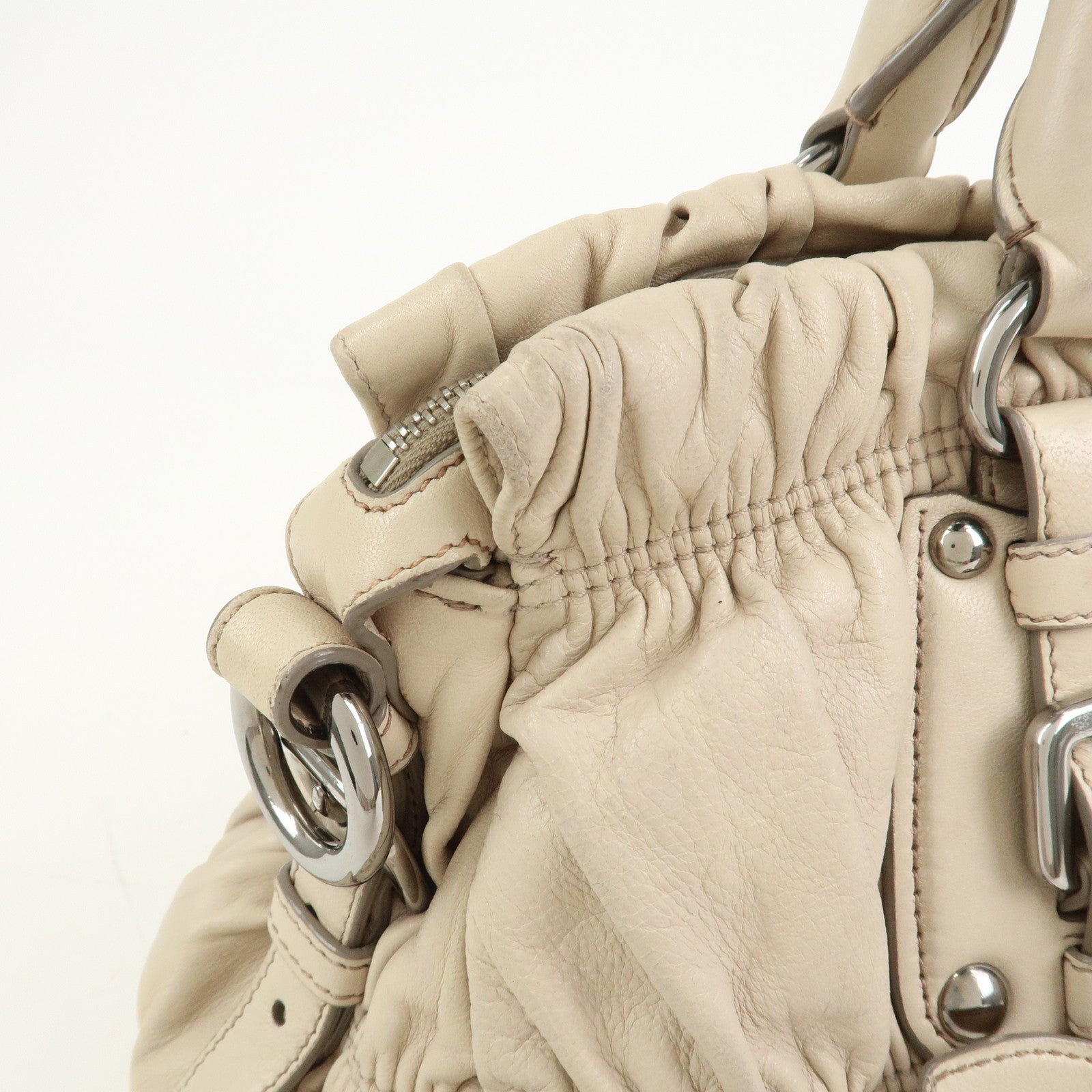 PRADA Nappa Leather Gathered 2Way Tote Shoulder Bag Beige BN1407
