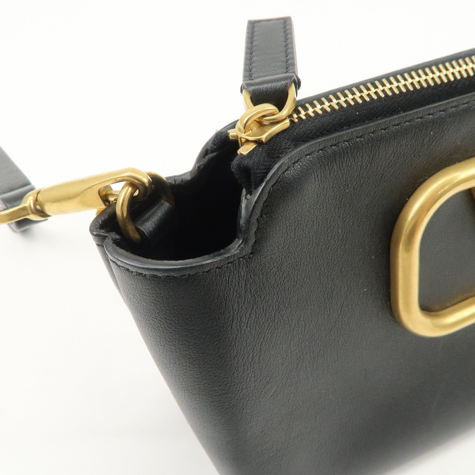 VALENTINO Leather Pouch Clutch Bag Black Gold Hardware