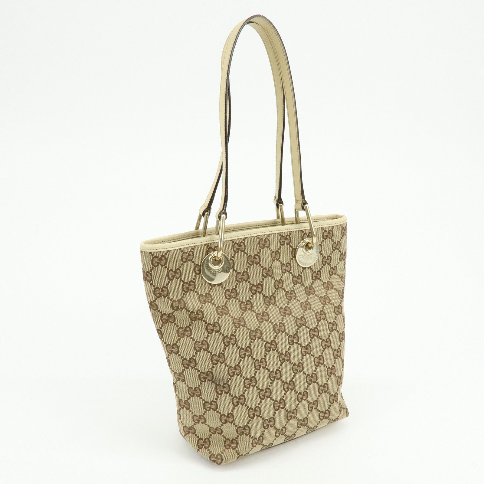 GUCCI GG Canvas Leather Tote Bag Hand Bag Beige Ivory 120840