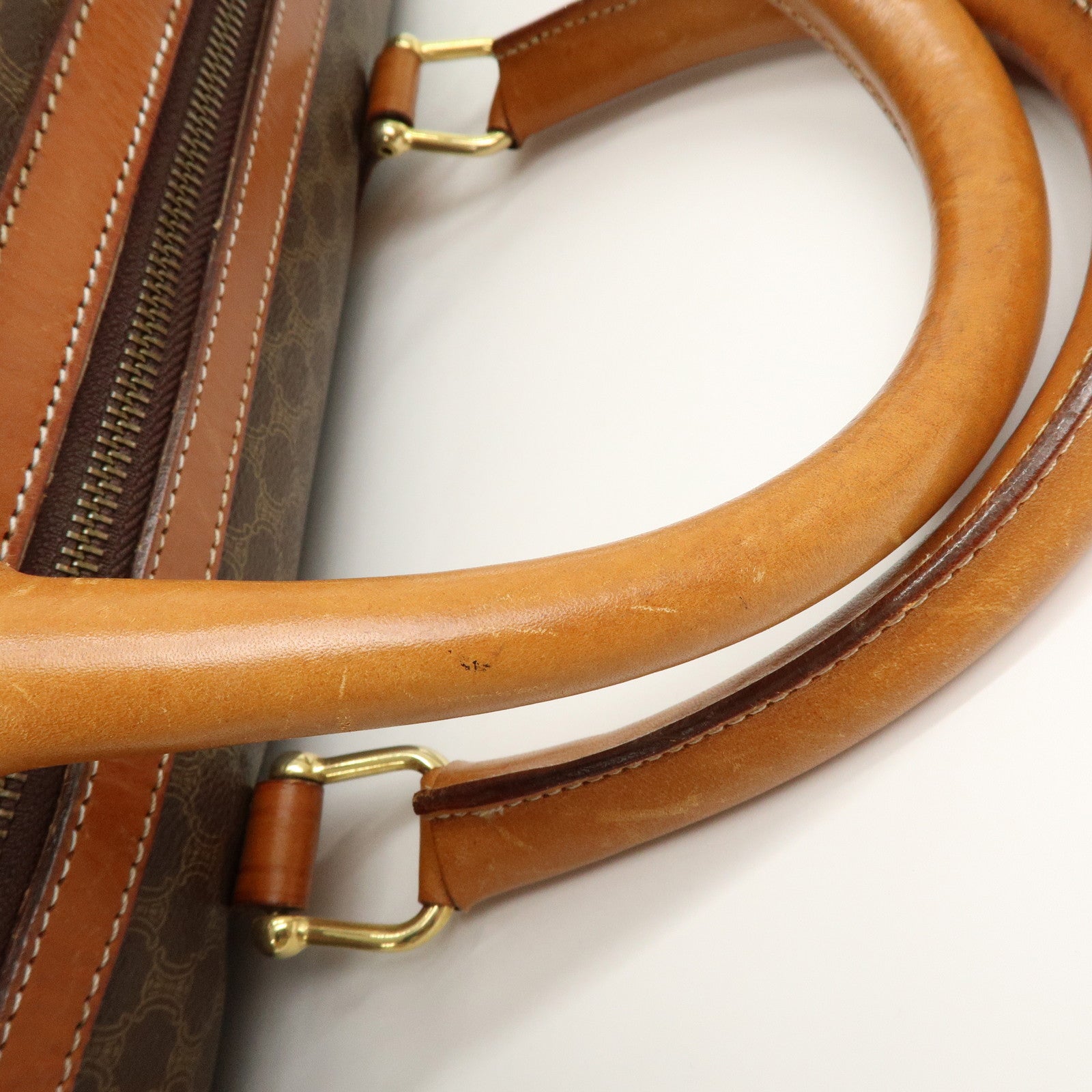 CELINE Macadam PVC Coated Canvas Leather Boston Bag Hand Bag Brown