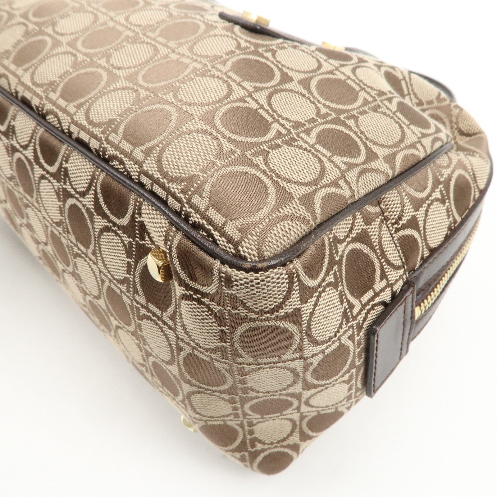 Ferragamo Gancini Leather Canvas Shoulder Bag Hand Bag Beige Brown