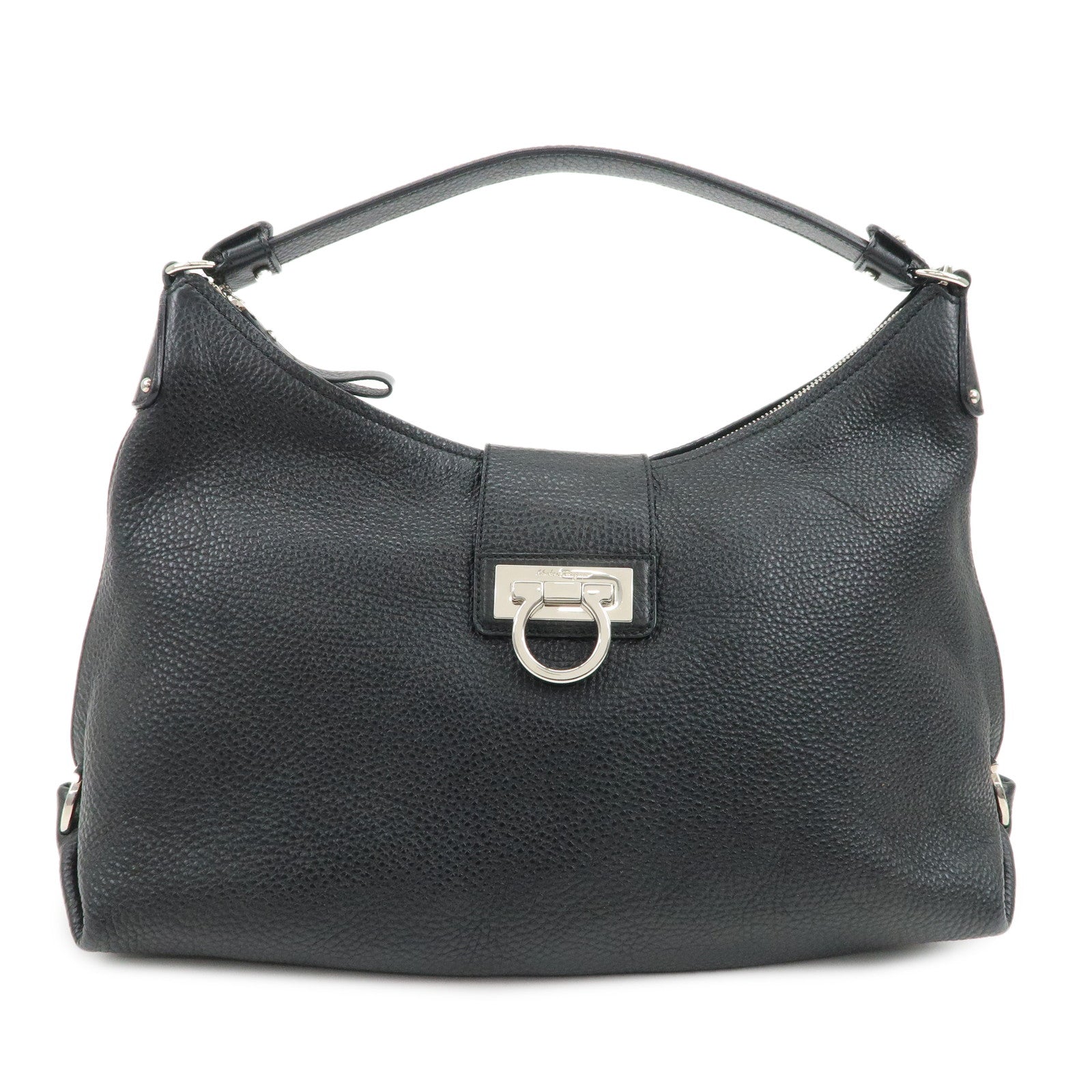 Ferragamo Gancini Leather Shoulder Bag Hand Bag Black Silver HDW