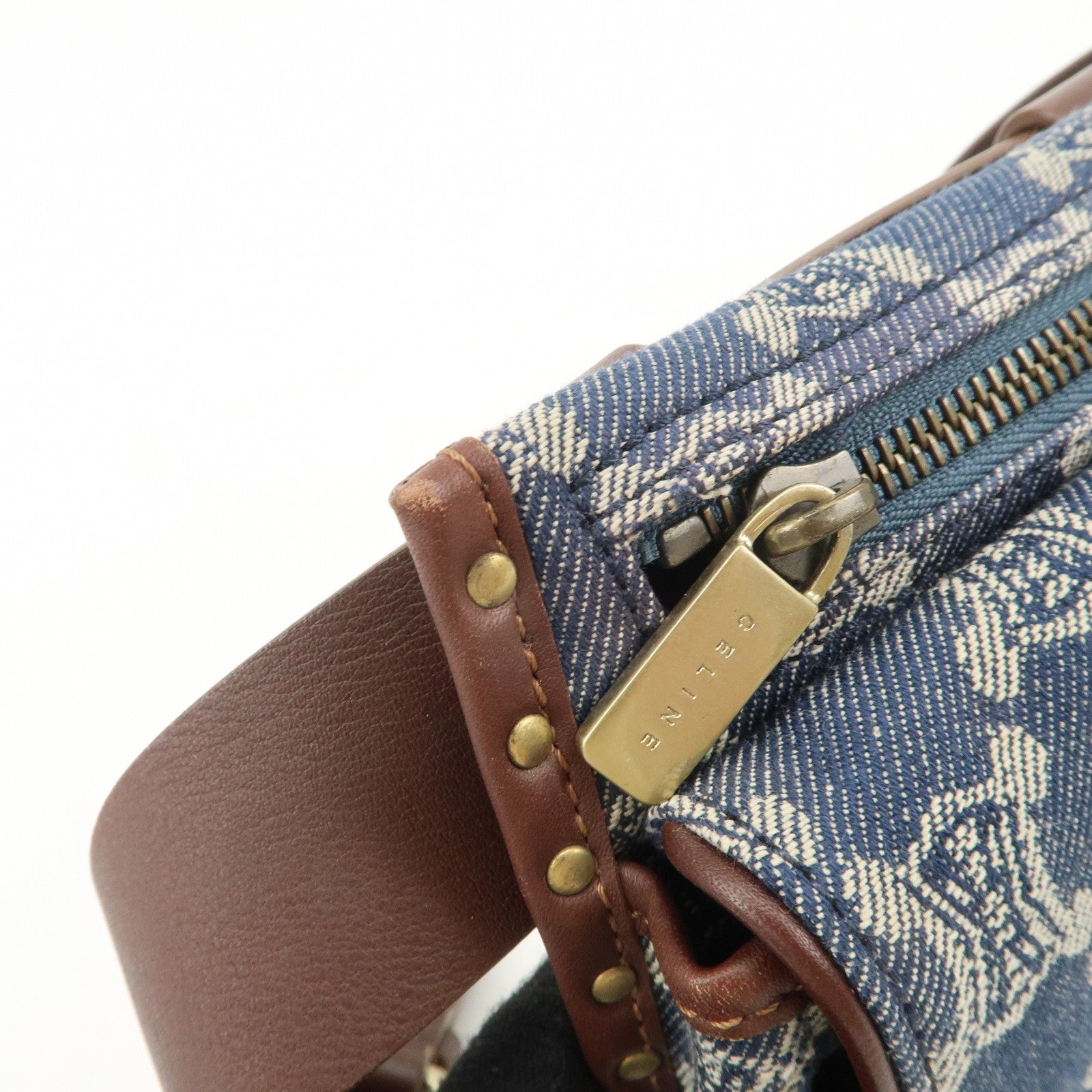 CELINE Macadam Waist Bag Denim Navy Dark Brown Gold HDW Used