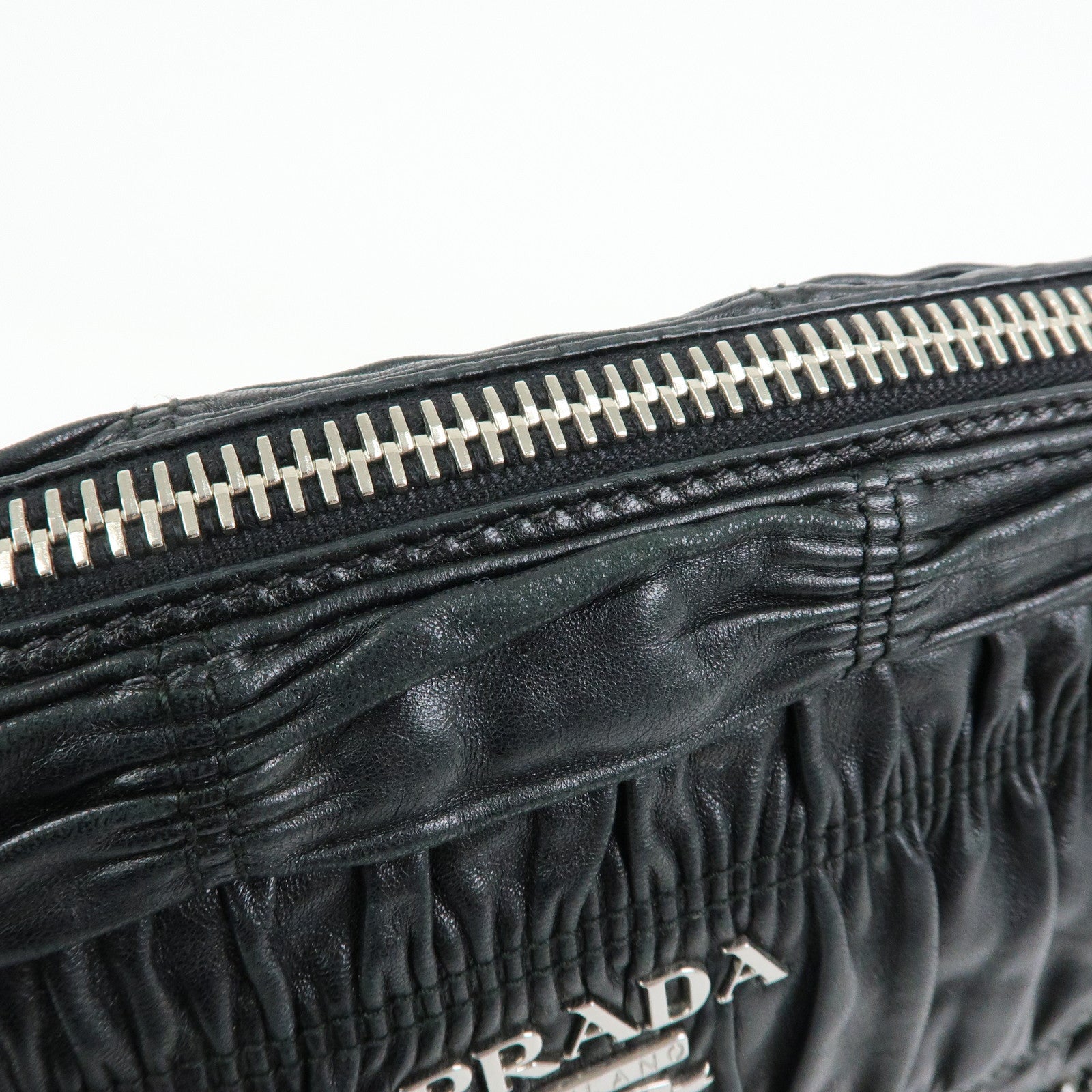 PRADA Logo Nappa Leather Gathered Chain Shoulder Bag Black