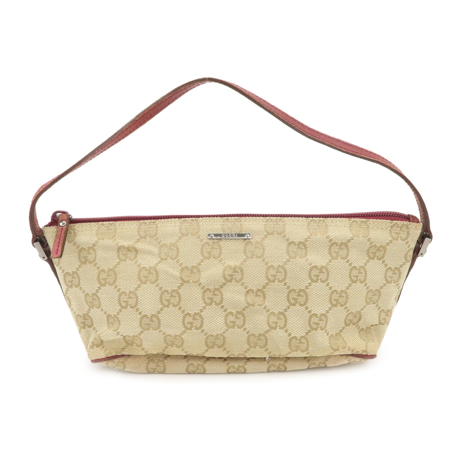 GUCCI Boat Bag GG Canvas Leather Hand Bag Pouch Beige Red 07198