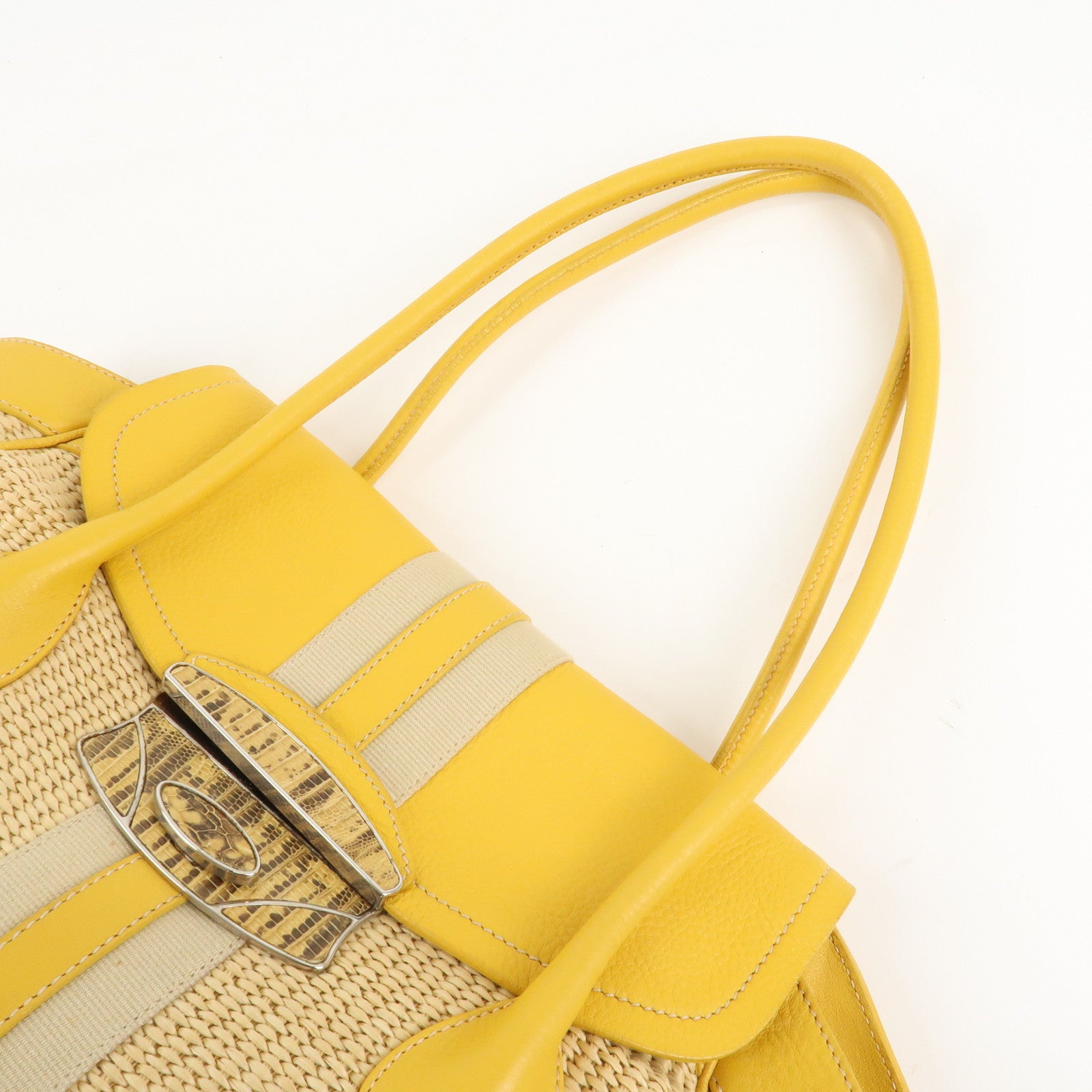 PRADA Triangle Logo Leather Raffia Tote Bag Beige Yellow Used