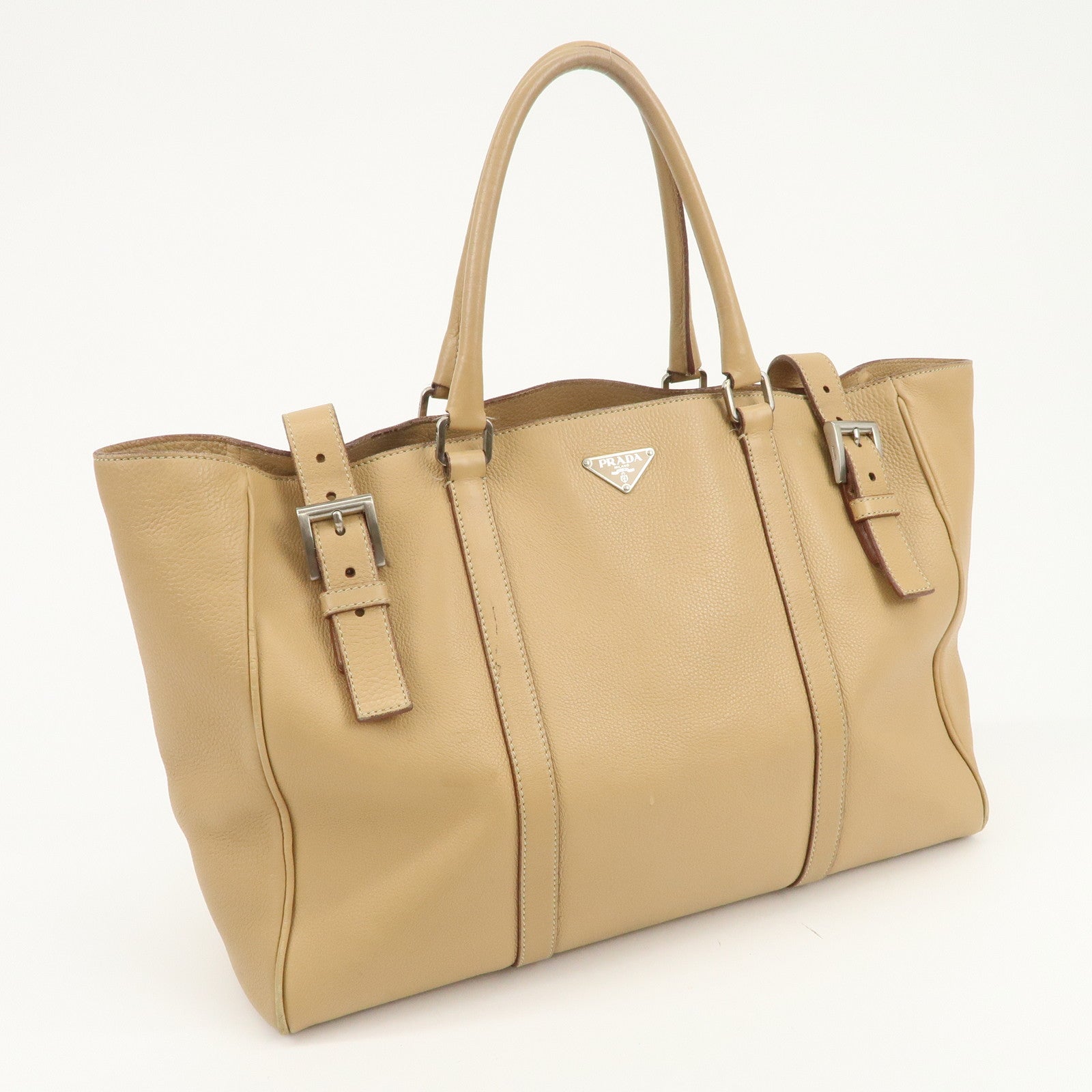 PRADA Triangle Logo Leather Shoulder Bag Hand Bag Beige