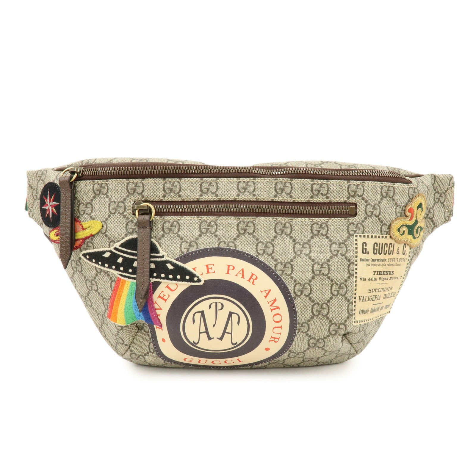 GUCCI Sherry GG Supreme Canvas Leather Waist Bag Gray Brown 529711